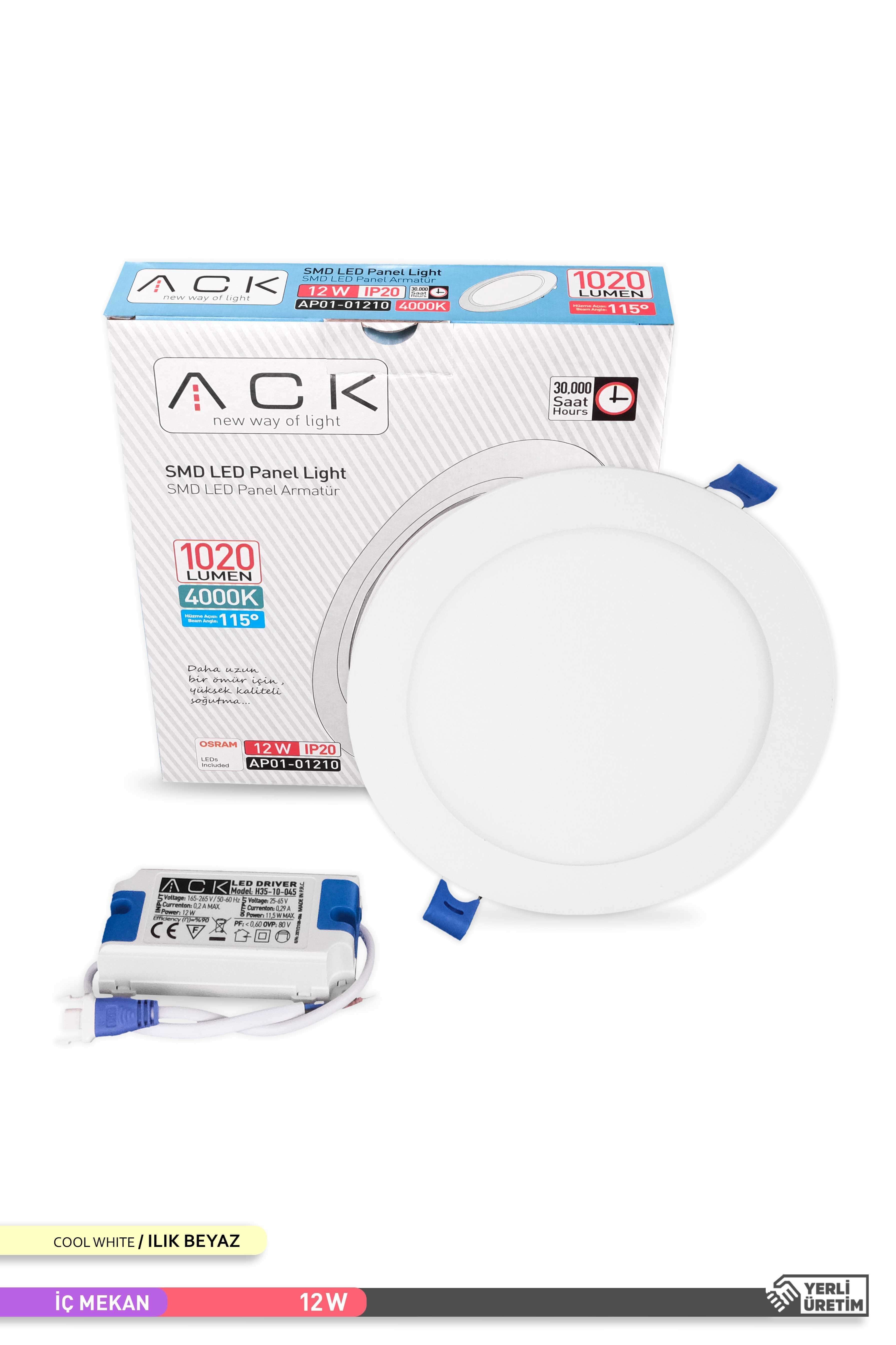 ACK Sıva Altı Yuvarlak LED Panel Armatür Beyaz Gövde 4000K Ilık Beyaz 12W AP01-01210