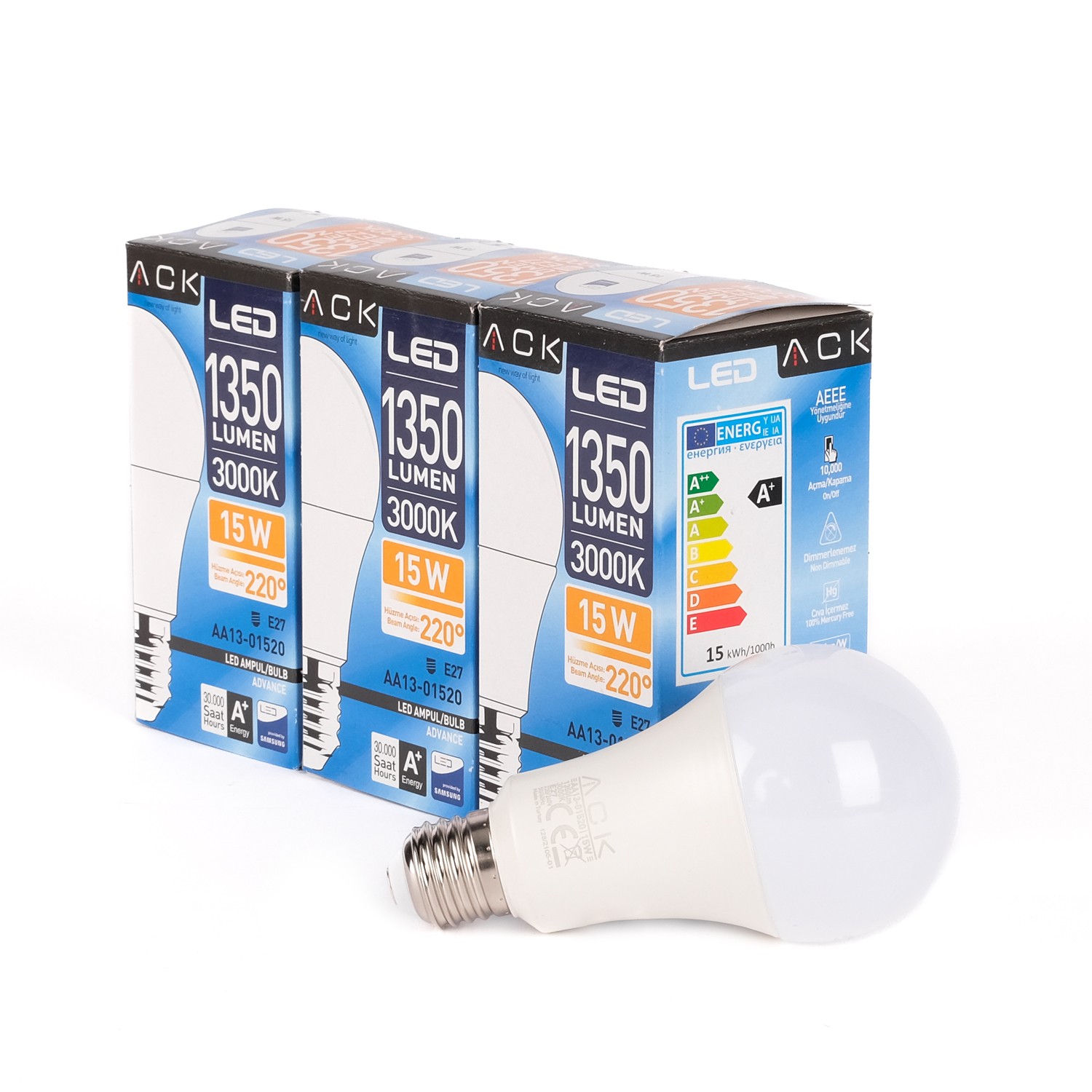 ACK LED A70 AMPUL 3000K GÜN IŞIĞI 220V 15W E27 3'LÜ EKO PAKET