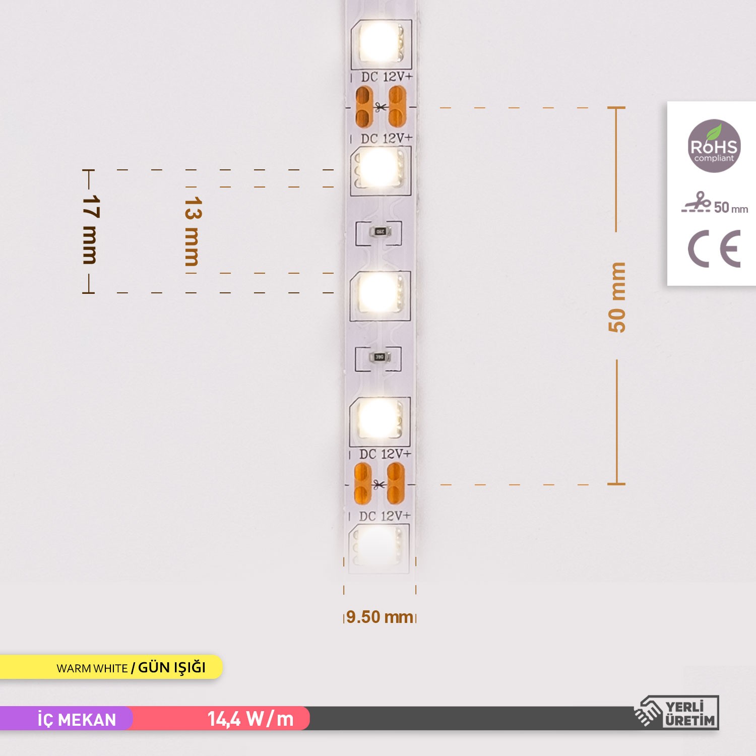 ACK Üç Çip 60 LED li Şerit LED 3000K Gün Işığı 12V 14.4W 5m AS01-00300