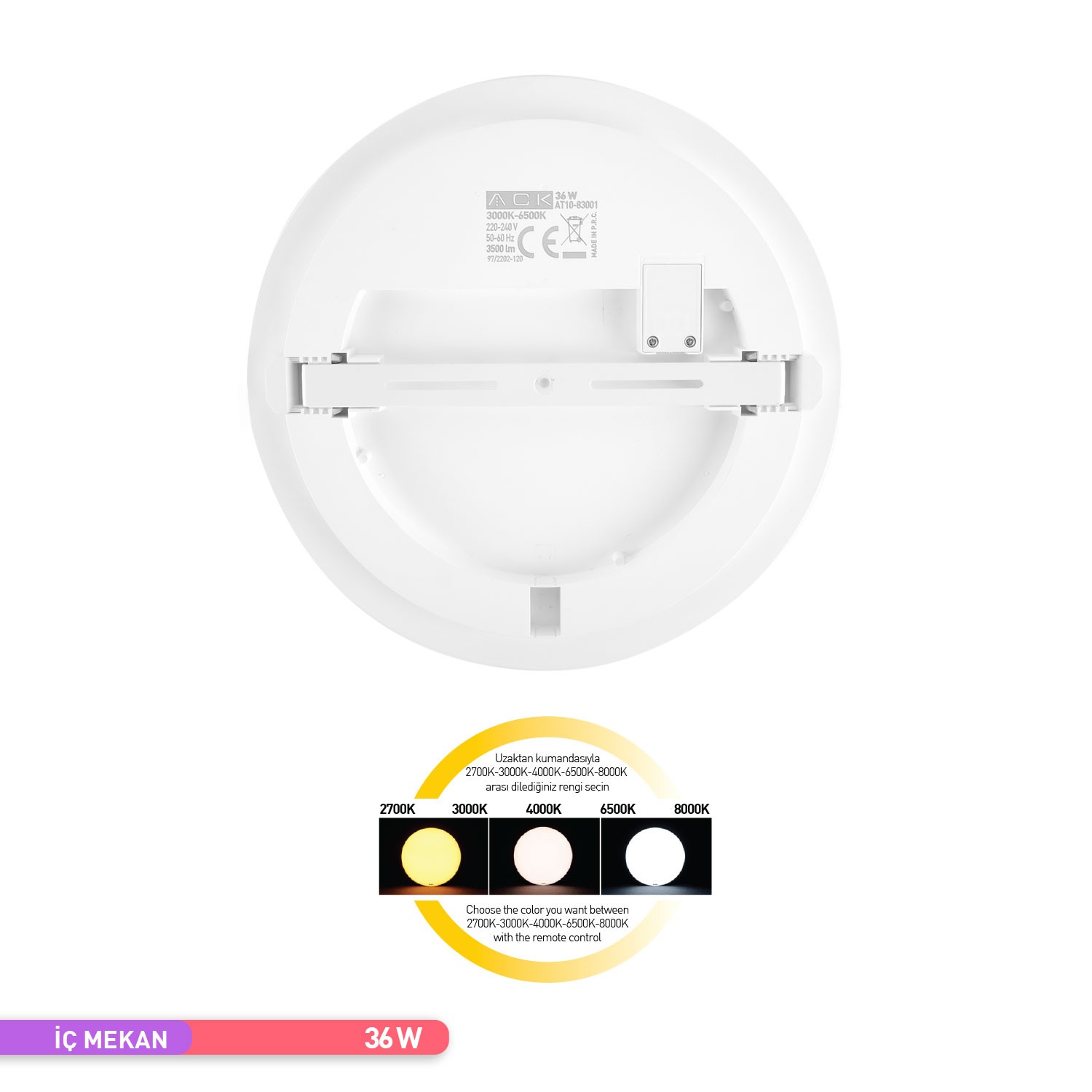 ACK 36W Sıva Üstü Uzaktan Kumandalı ve Dim'li Renk Değiştirilebilir Tavan Armatürü