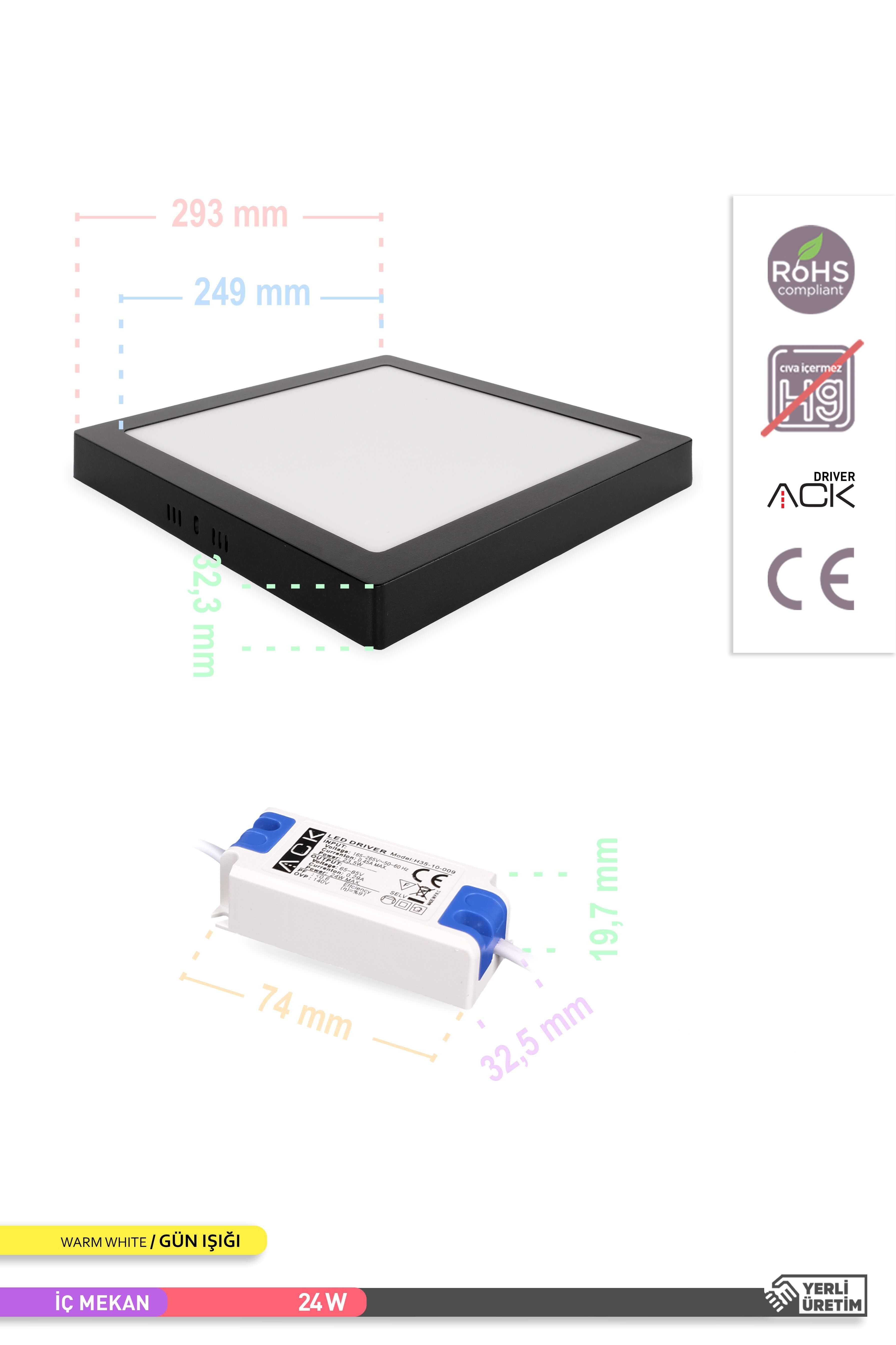 ACK 24W Sıva Üstü Kare LED Panel Armatür Siyah Gövde 3000K Gün Işığı AP04-02401