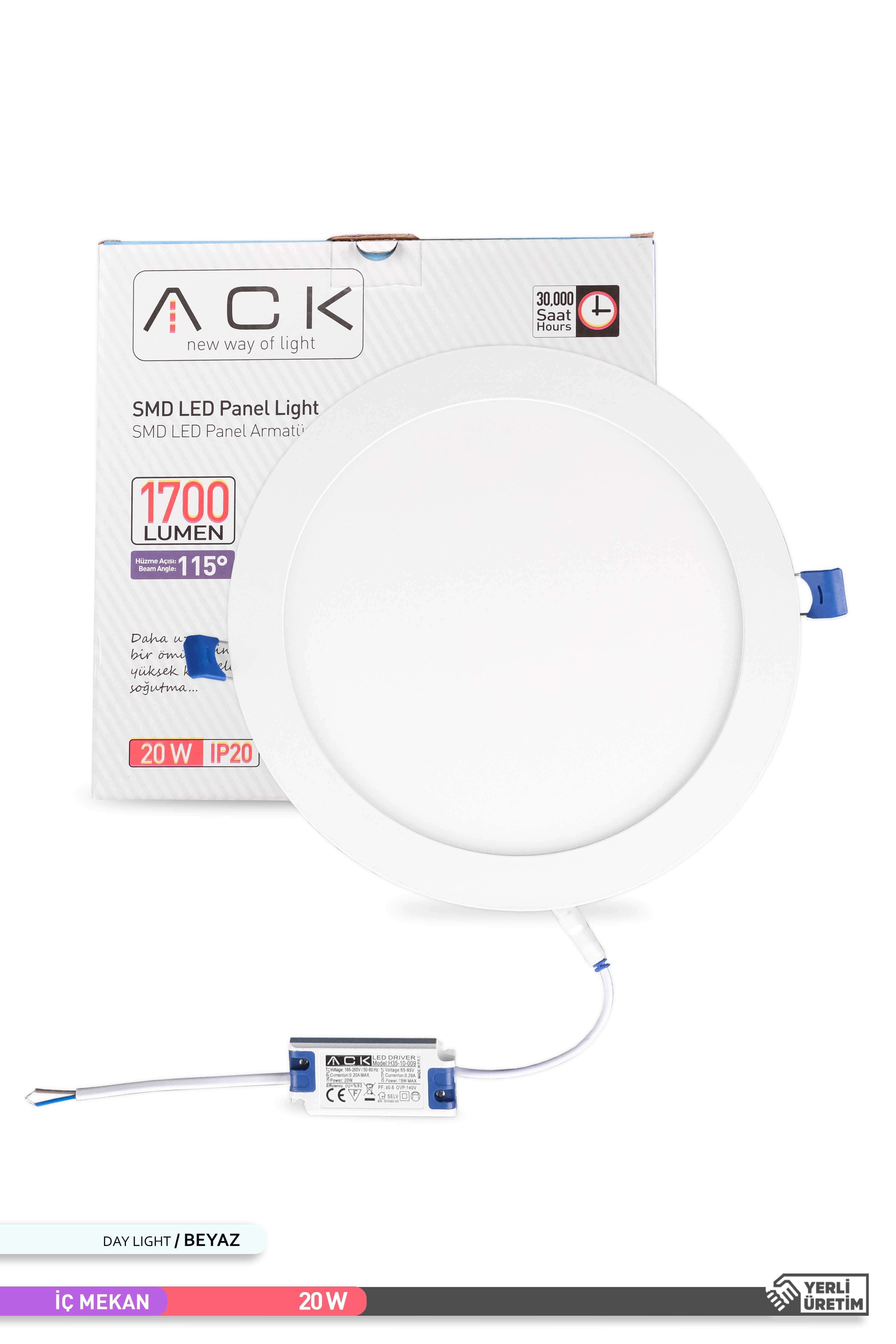 ACK Sıva Altı Yuvarlak LED Panel Armatür Beyaz Gövde 6500K Beyaz Işık 20W AP01-02030