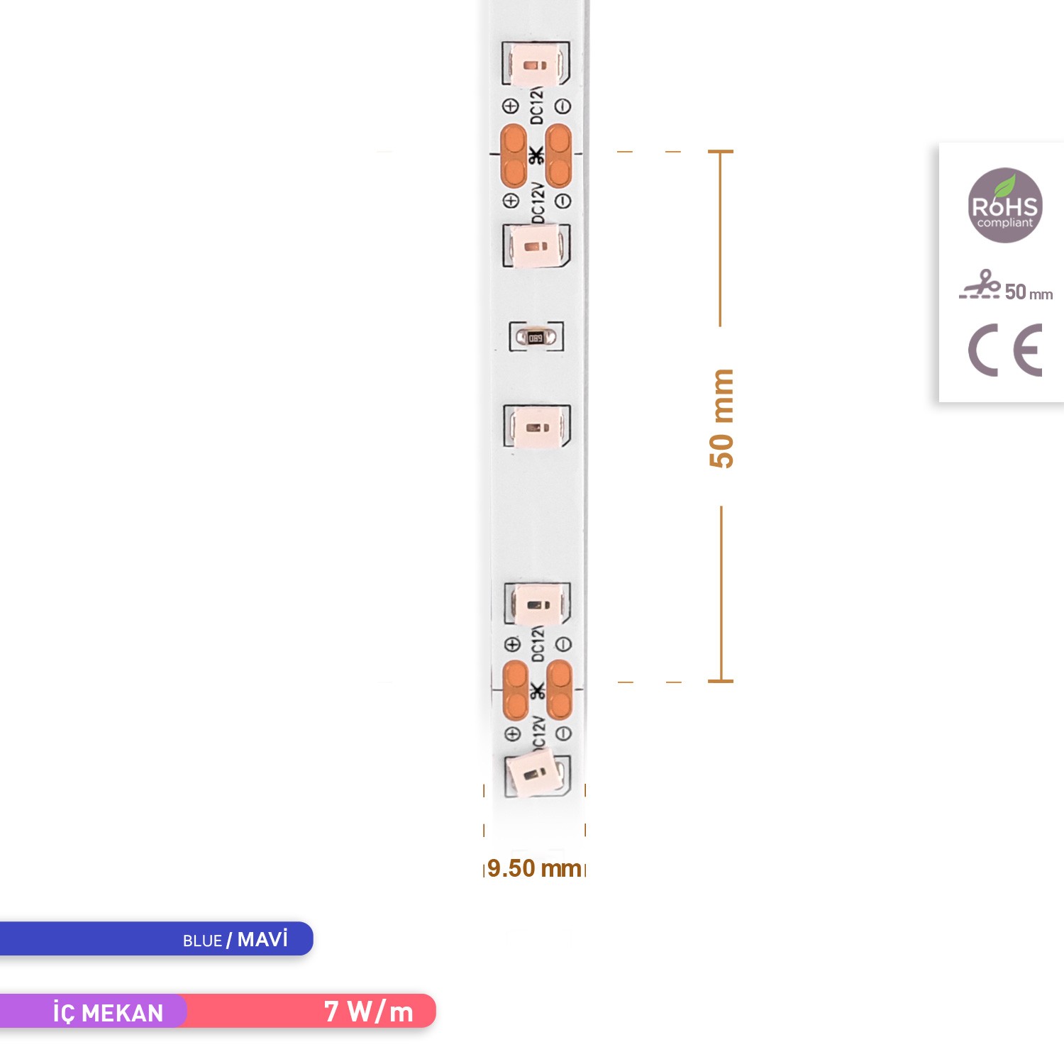 ACK Şerit LED 60 Led'li Mavi Işık 7W 5 Metre AS01-00806