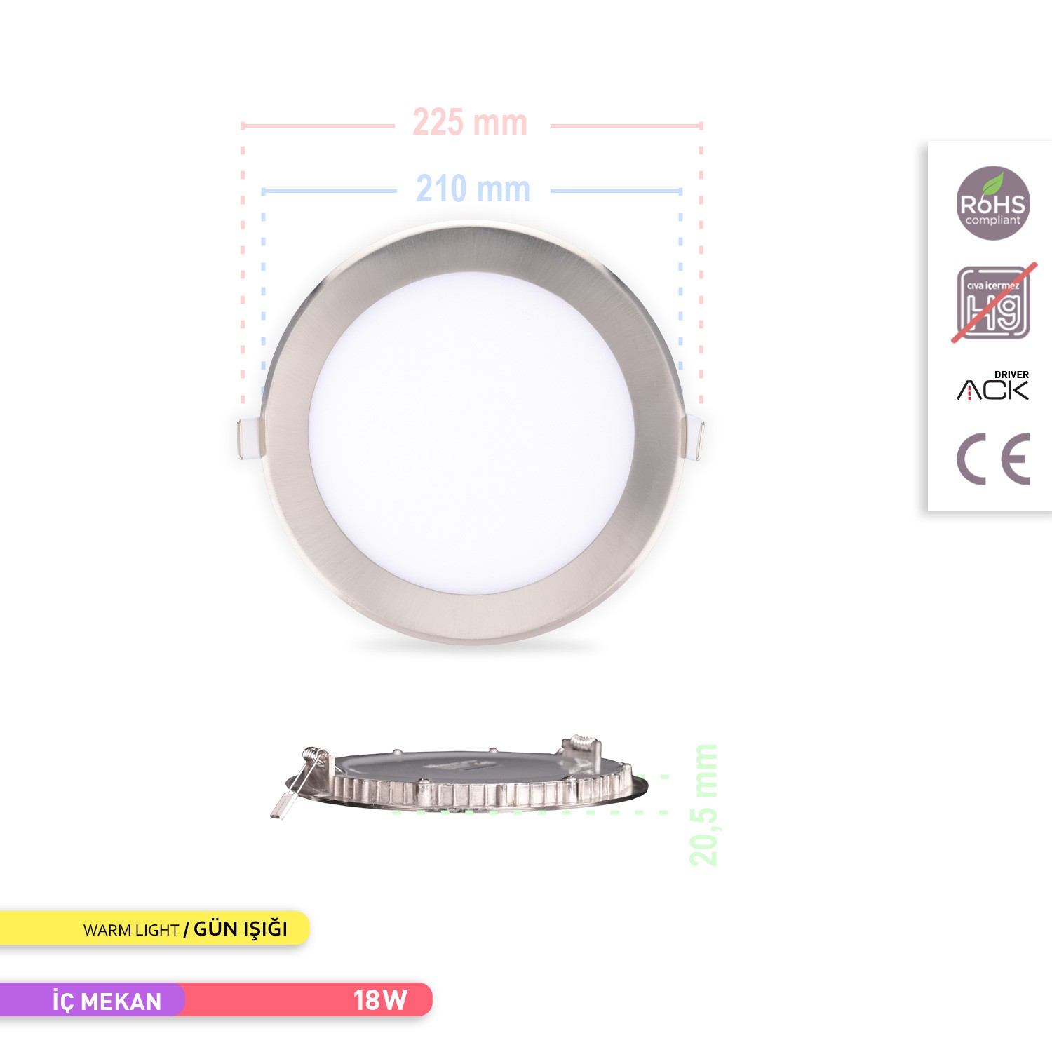 18W 3000K Günışığı SMD Sıva Altı Yuvarlak Led Spot Panel Saten Renk Kasa AP01-01804