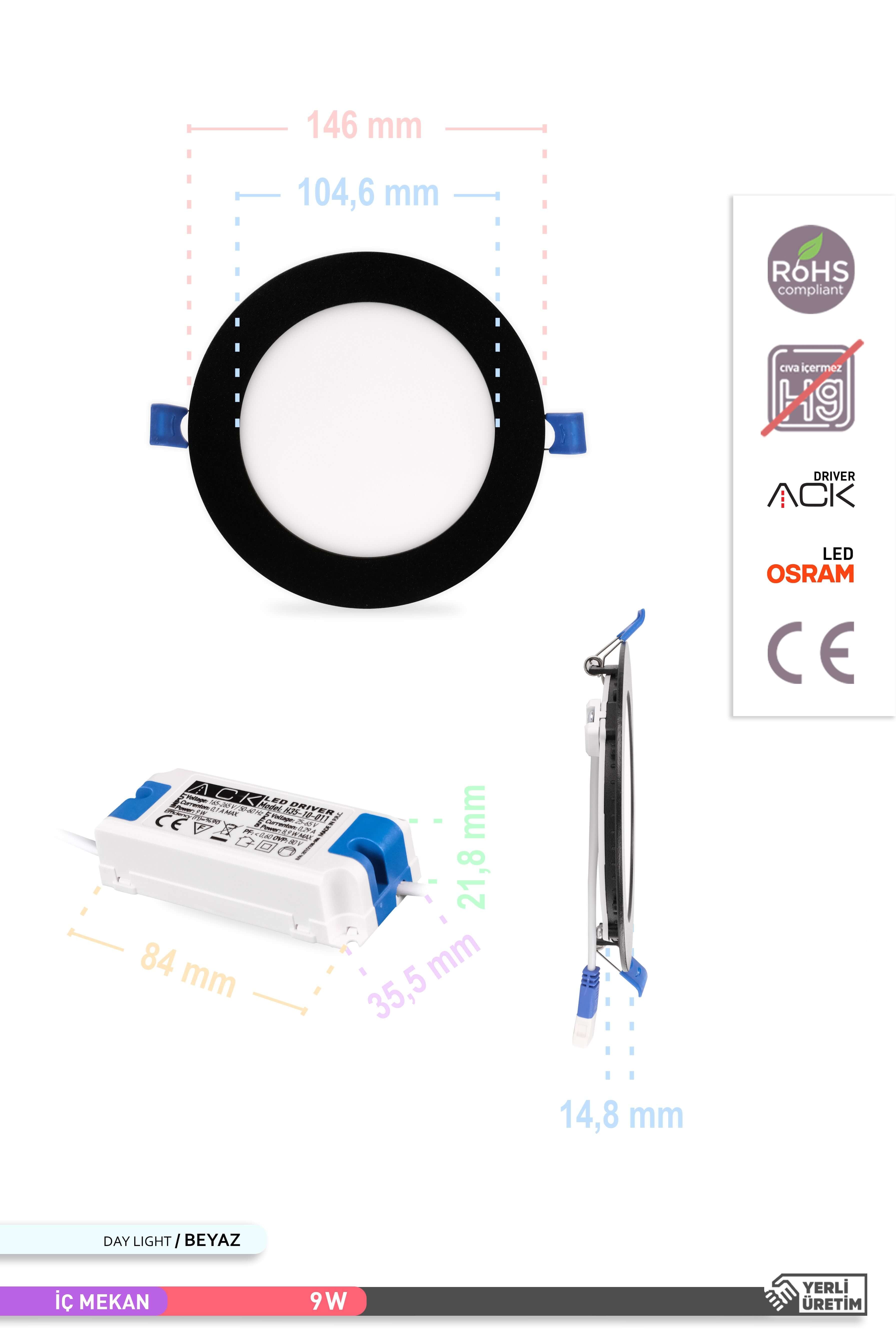 ACK 9W Sıva Altı Yuvarlak LED Panel Armatür Siyah Gövde 6500K Beyaz AP01-00931