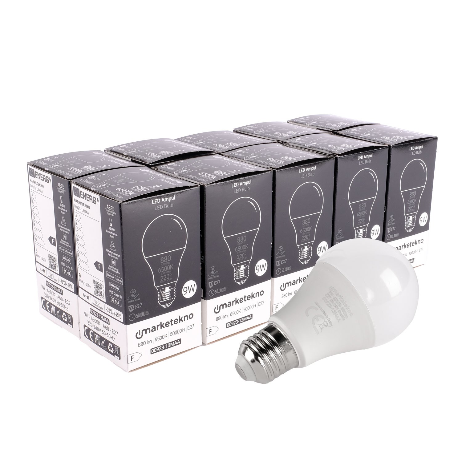 Marketekno 9W LED Ampul 6500K Beyaz Işık A60 E27 10'lu Paket Ampul