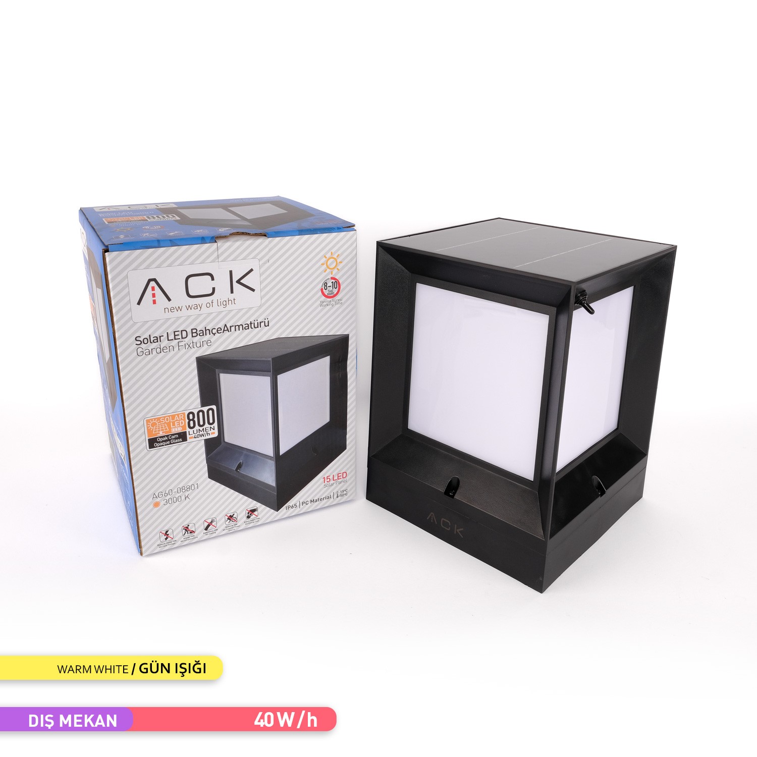 ACK Solar LED Bahçe Armatürü 3000K 40W/h Güneş Enerjili Bahçe Aydınlatması AG60-08801