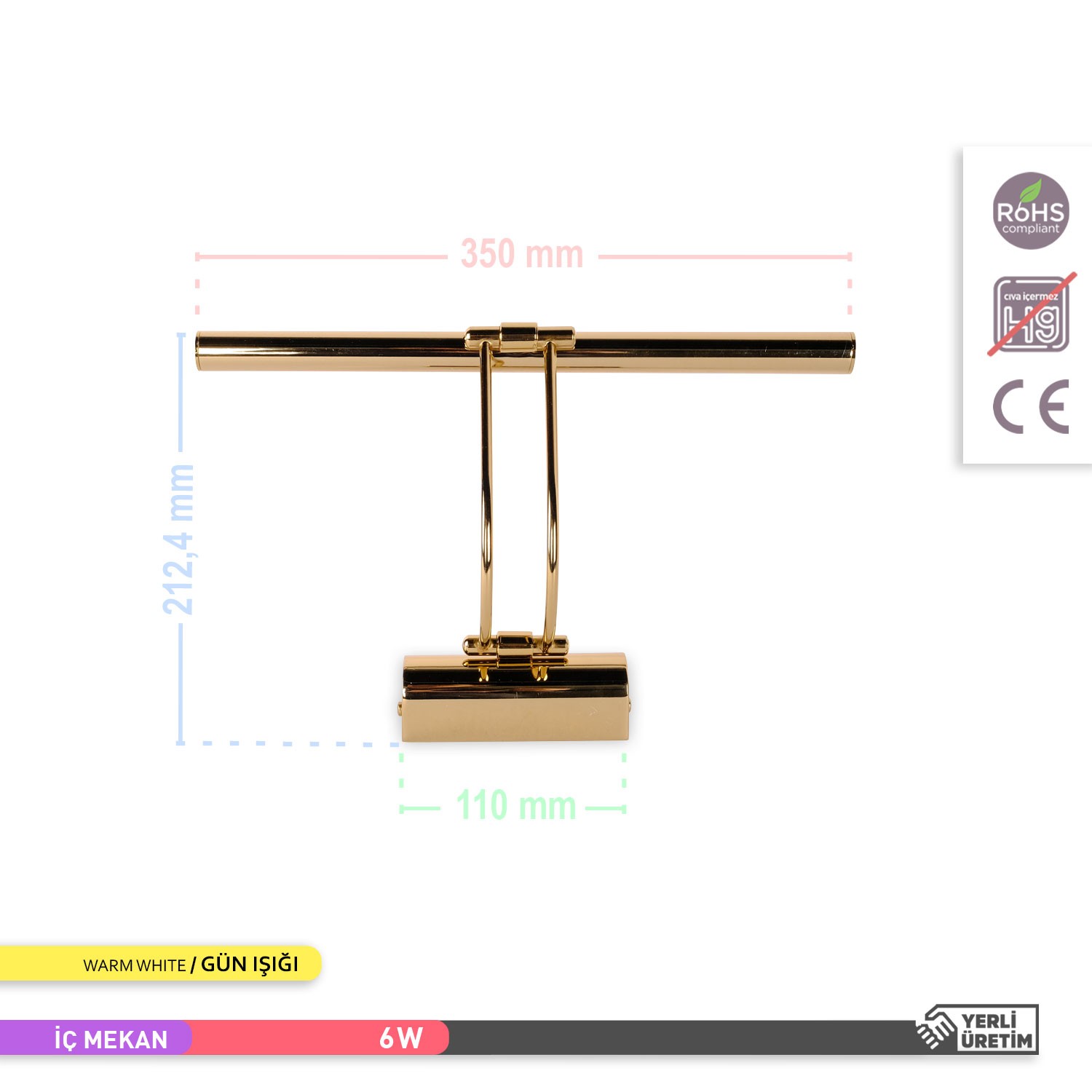 Ack Tablo Apliği 3000K Günışığı 6W Gold Kasa Ledli Ayna, Banyo Apliği