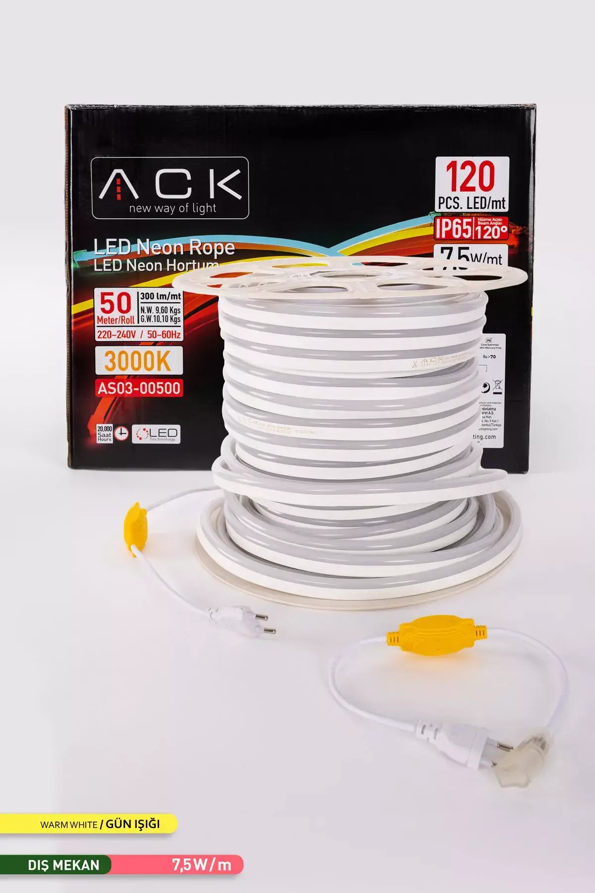 ACK 120 LED li LED Neon Hortum 3000K Gün Işığı 220V 7.5W 50m AS03-00500