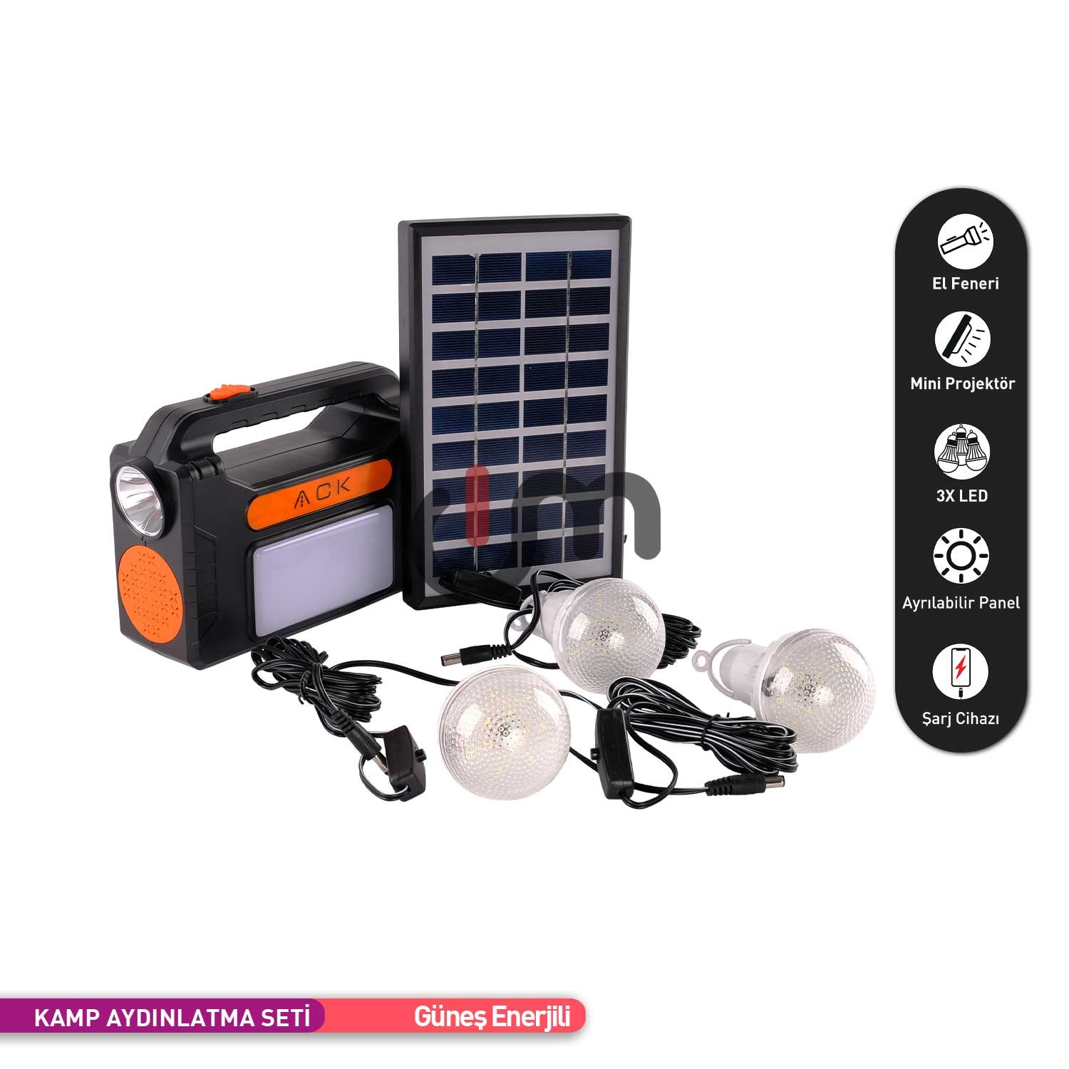ACK Güneş Enerjili Kamp Aydınlatma Seti 3 Adet Lambalı Şarjlı Projektör ve Fener