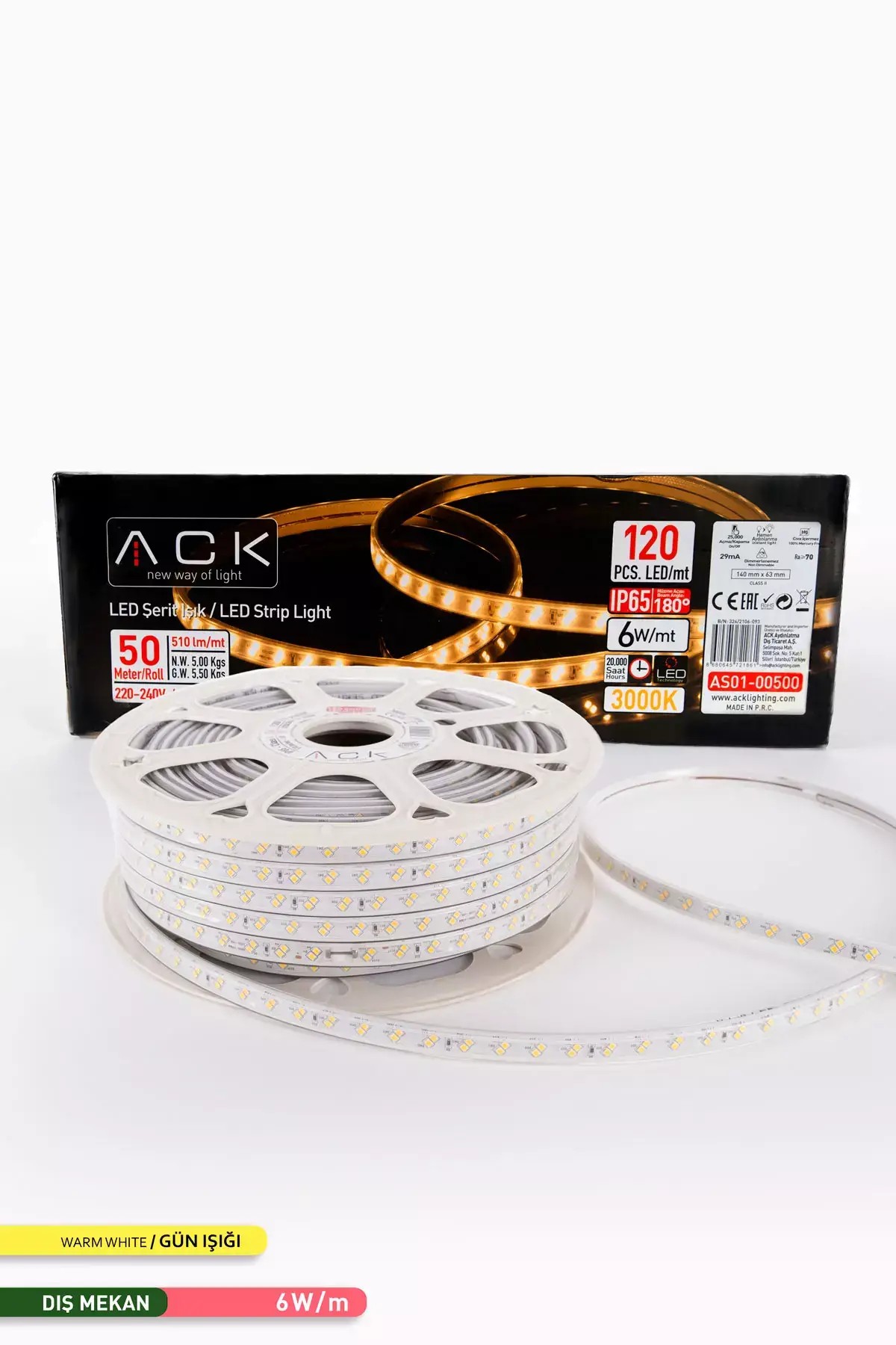 ACK 120 LED li Şerit LED 3000K Gün Işığı 220V 6W 50m AS01-00500