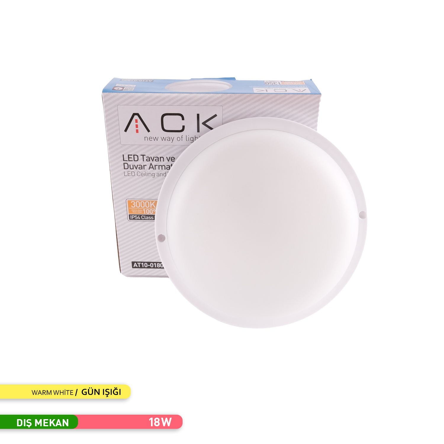 ACK 18W LED Tavan ve Duvar Armatürü 3000K Günışığı Beyaz Kasa AT10-01800