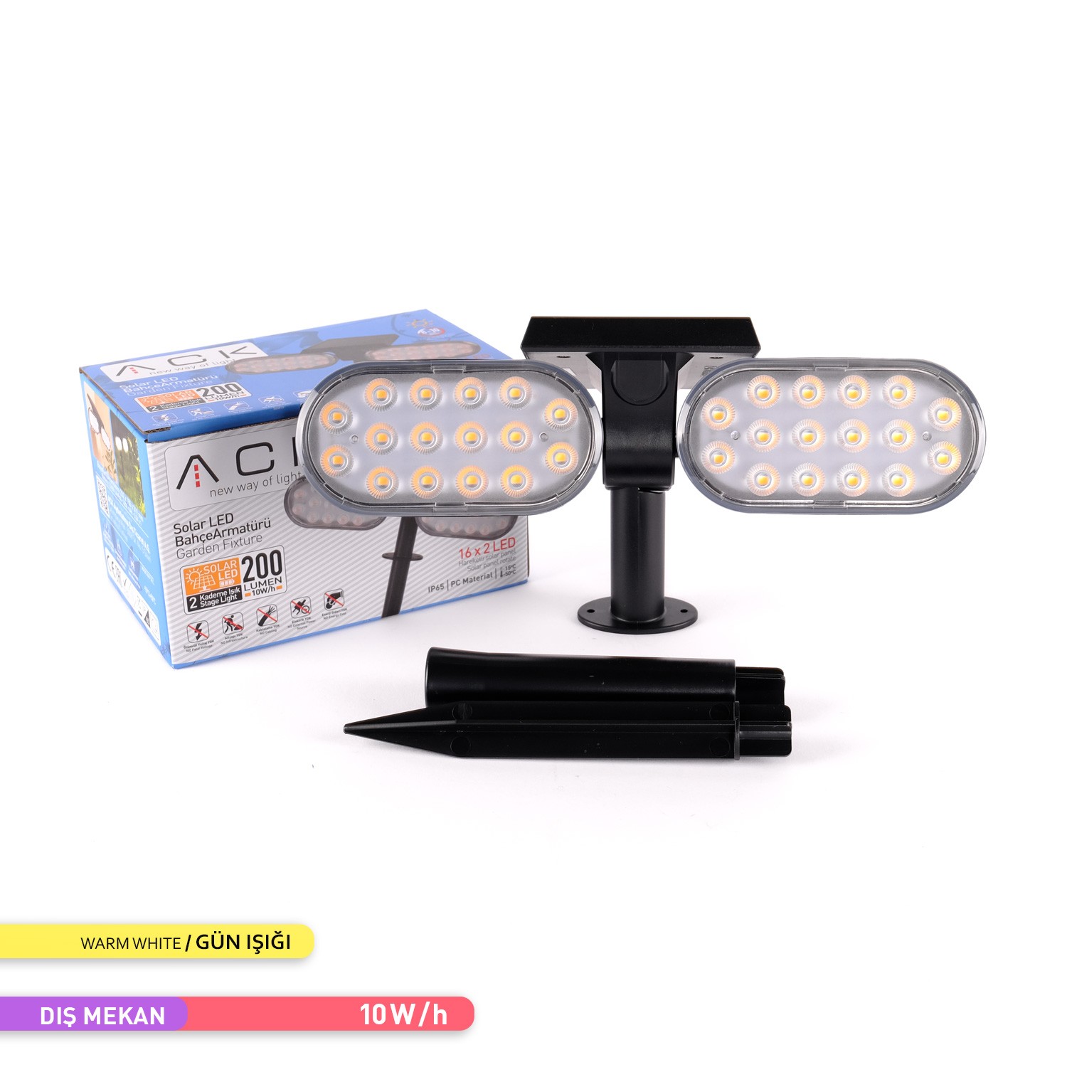 Ack Solar LED Kazıklı Çim Armatürü Güneş Enerjili Bahçe Duvar Aydınlatması 3000K Günışığı AG60-02801