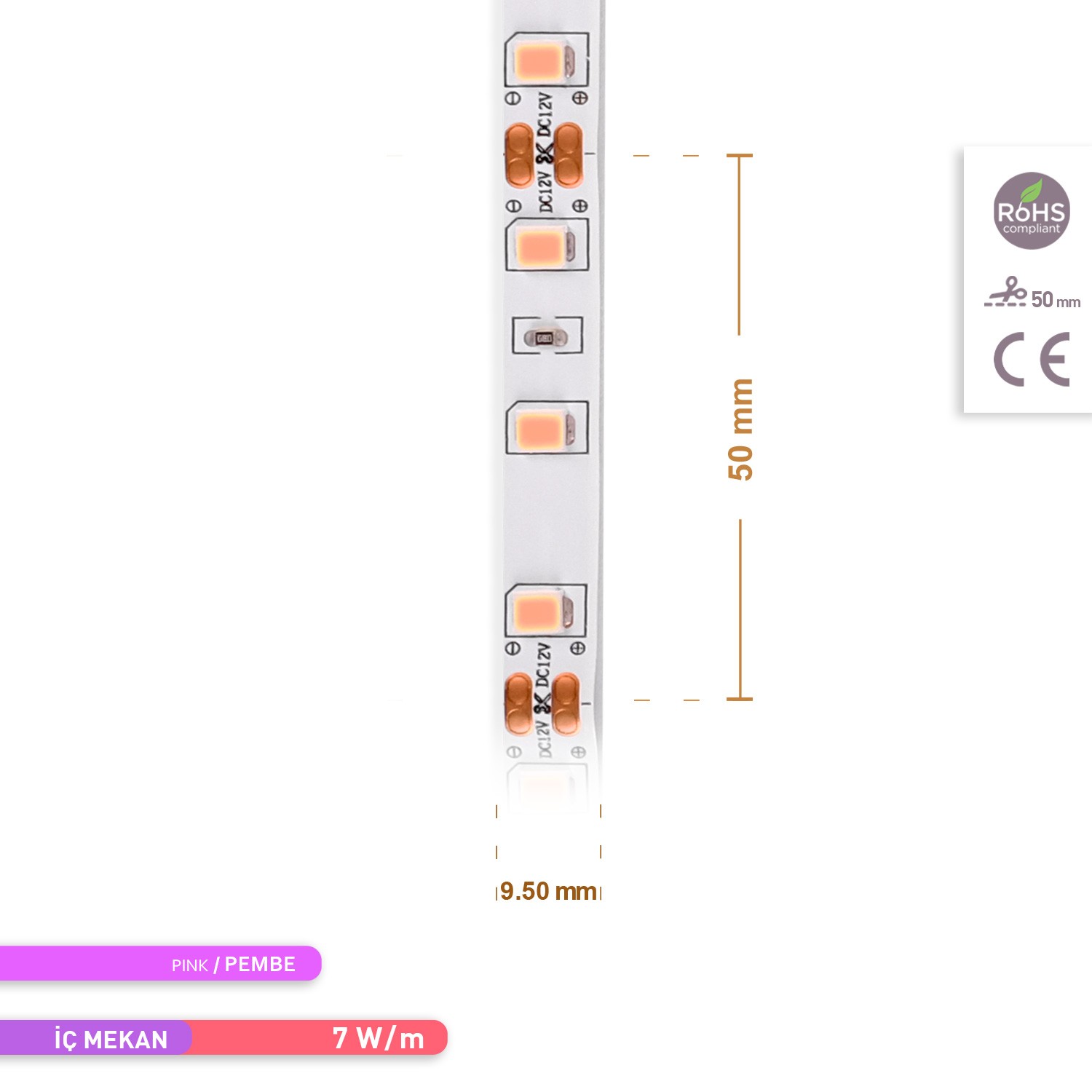 ACK Şerit LED 60 Led'li Pembe Işık 7W 5 Metre AS01-00809