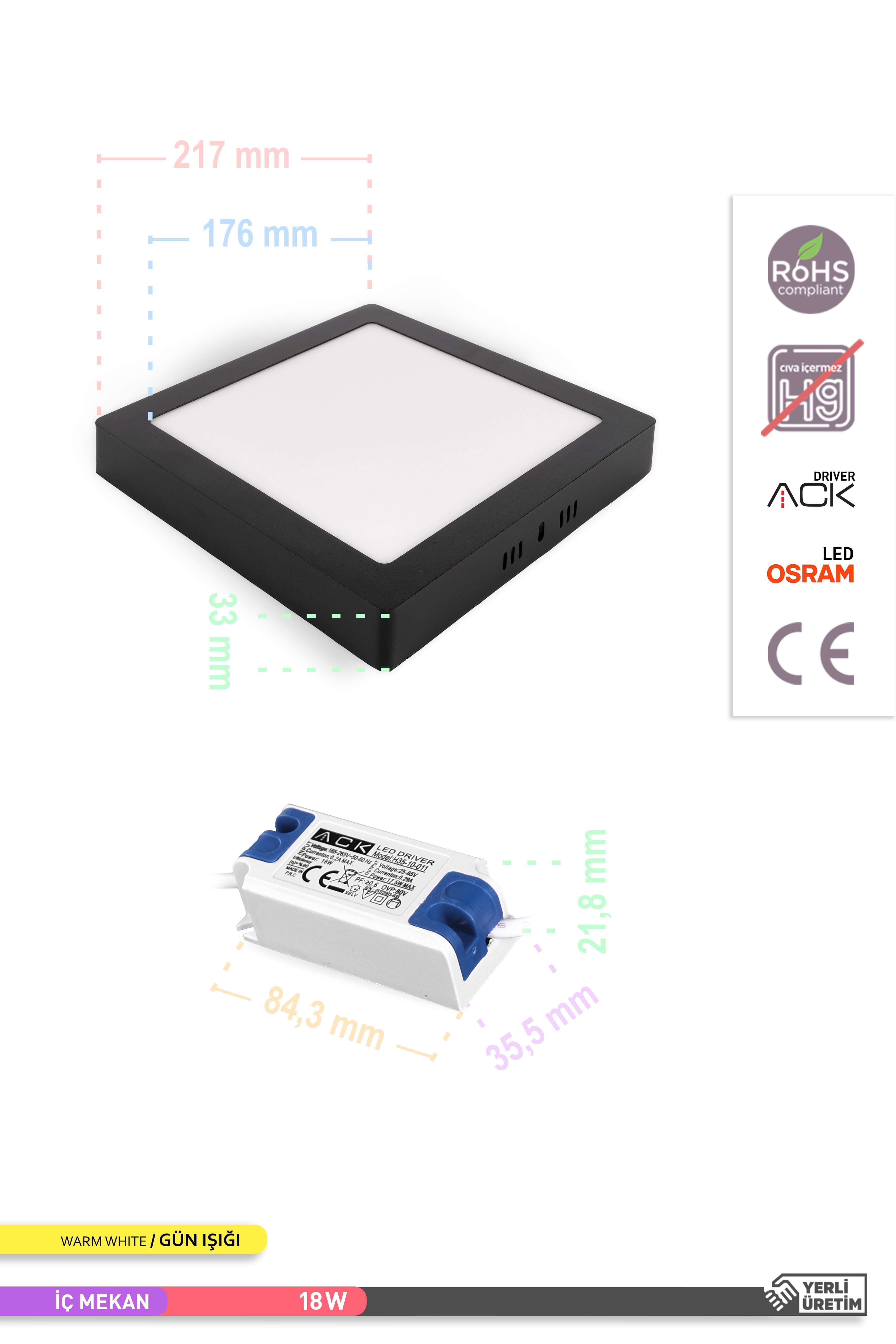 ACK 18W Sıva Üstü Kare LED Panel Armatür Siyah Gövde 3000K Gün Işığı AP04-01801