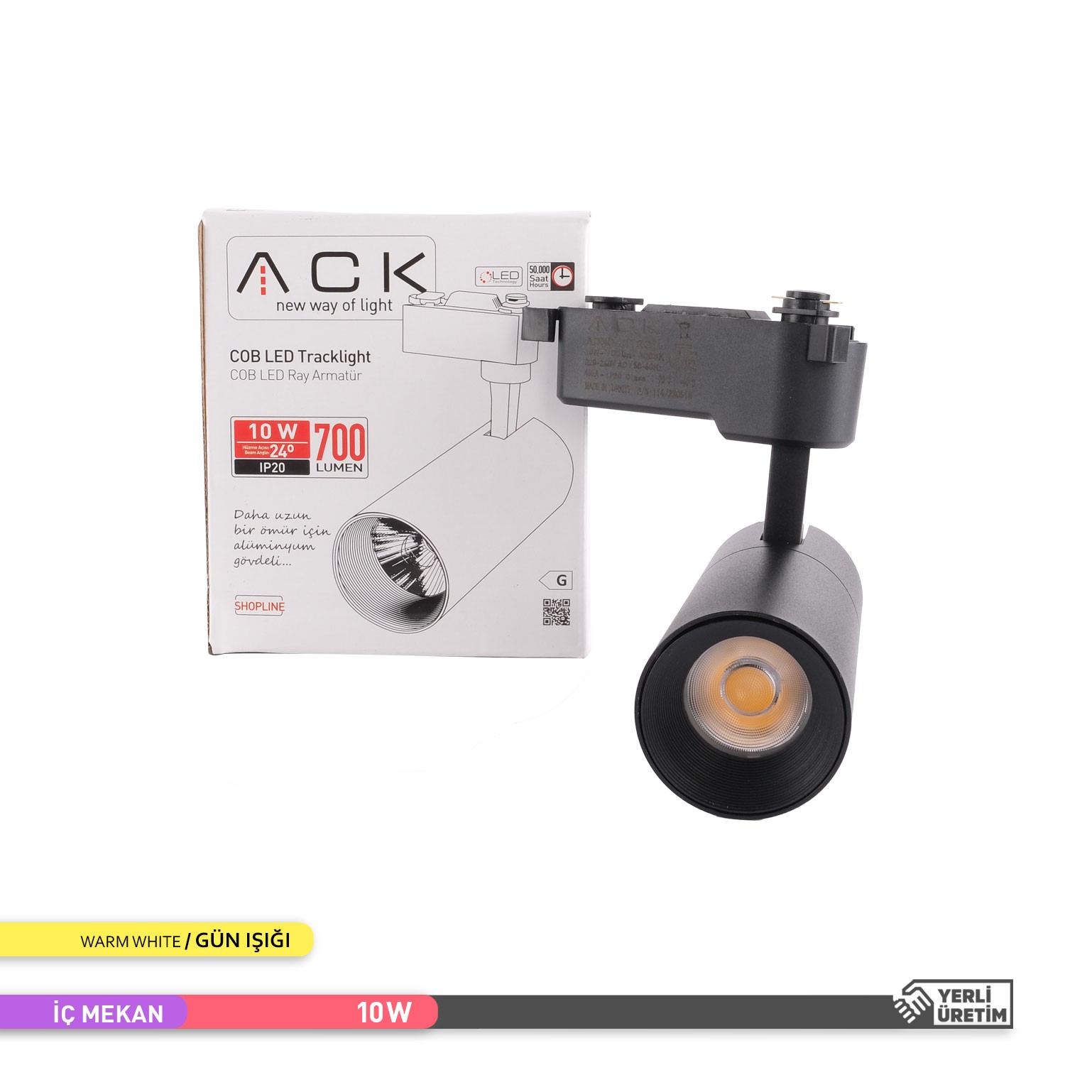 ACK 12W COB LED Monofaze Ray Armatür 3000K Günışığı Siyah Kasa AD30-01001