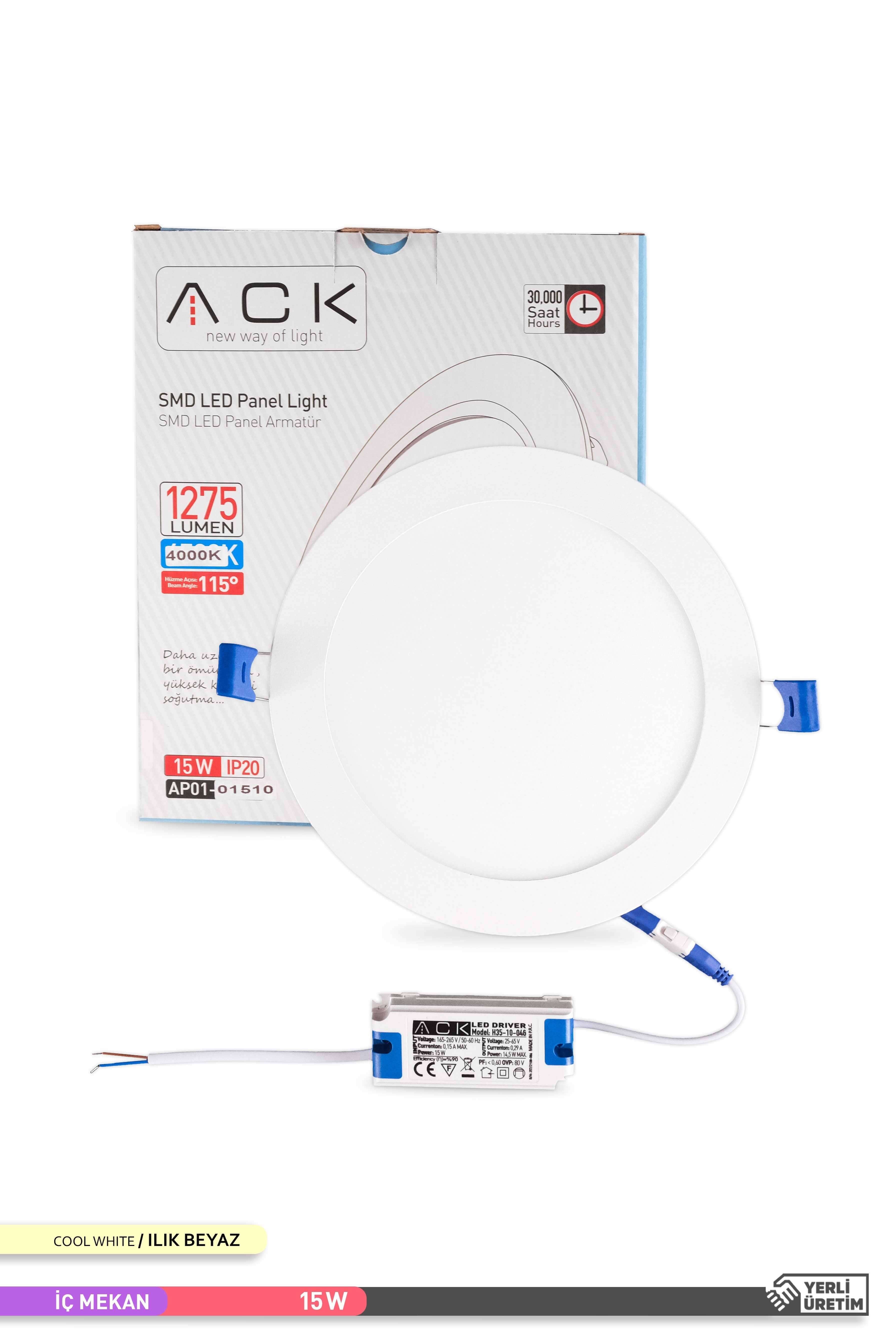 ACK Sıva Altı Yuvarlak LED Panel Armatür Beyaz Gövde 4000K Ilık Beyaz 15W AP01-01510