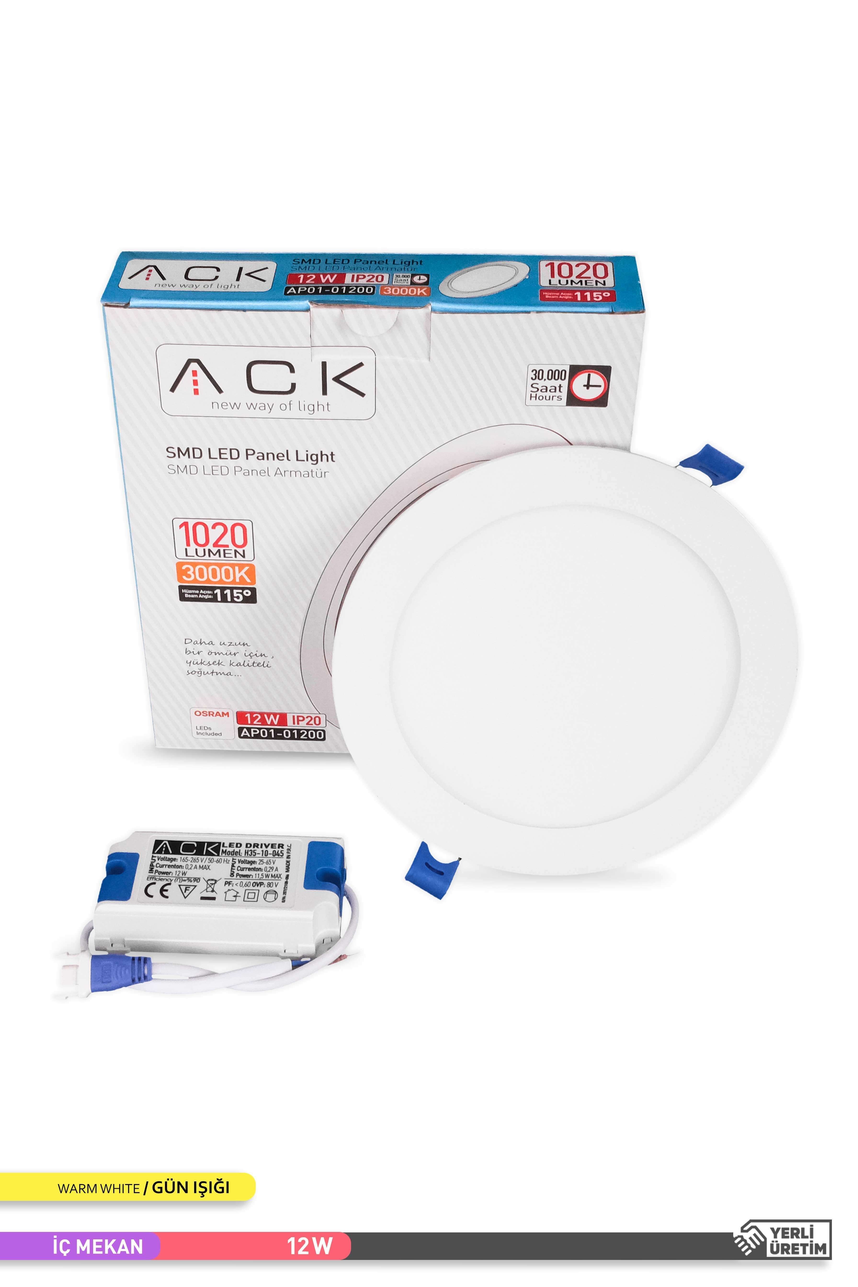 ACK Sıva Altı Yuvarlak LED Panel Armatür Beyaz Gövde 3000K Gün Işığı 12W AP01-01200