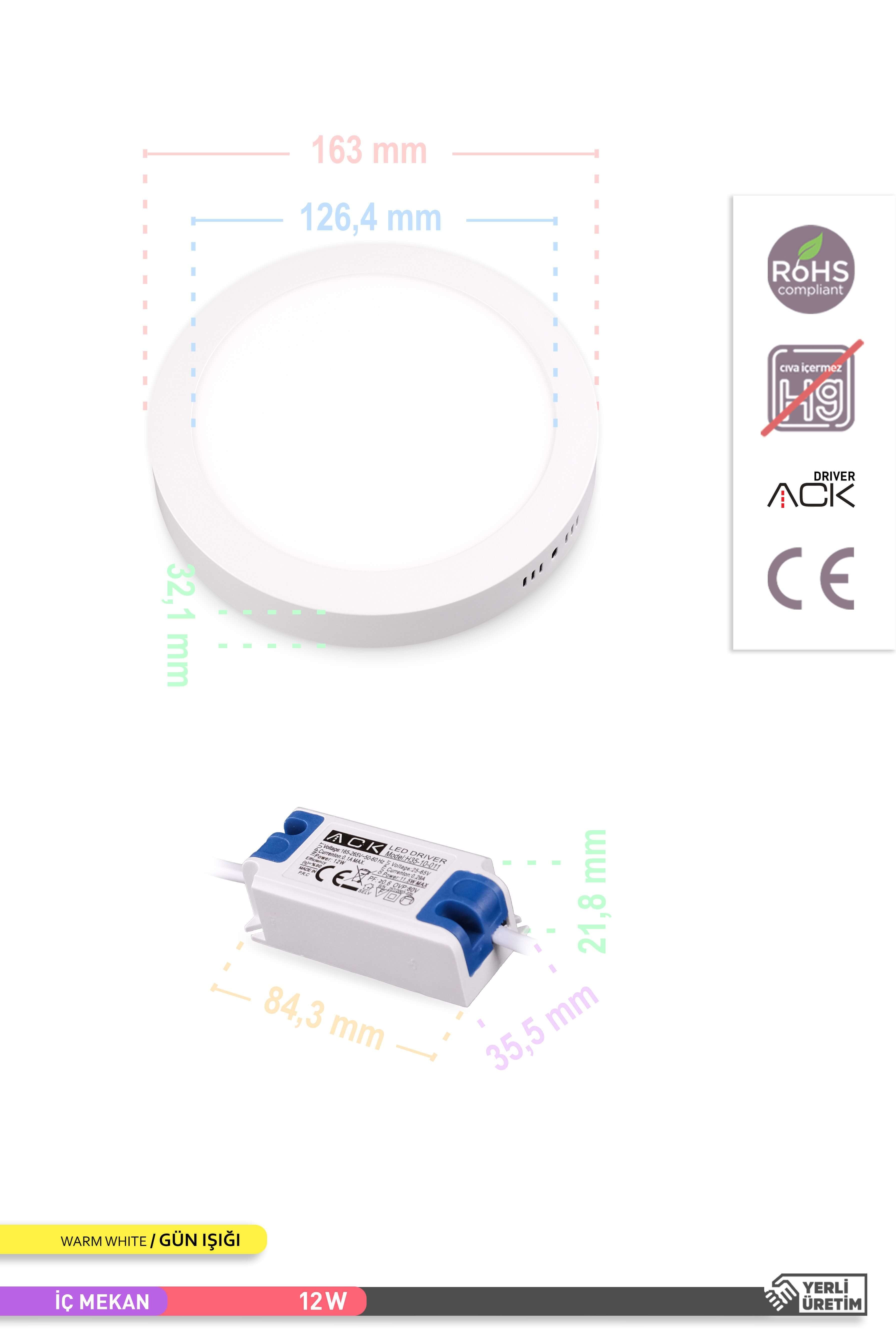 ACK Sıva Üstü Yuvarlak LED Panel Armatür Beyaz Gövde 3000K Gün Işığı 12W AP03-01200