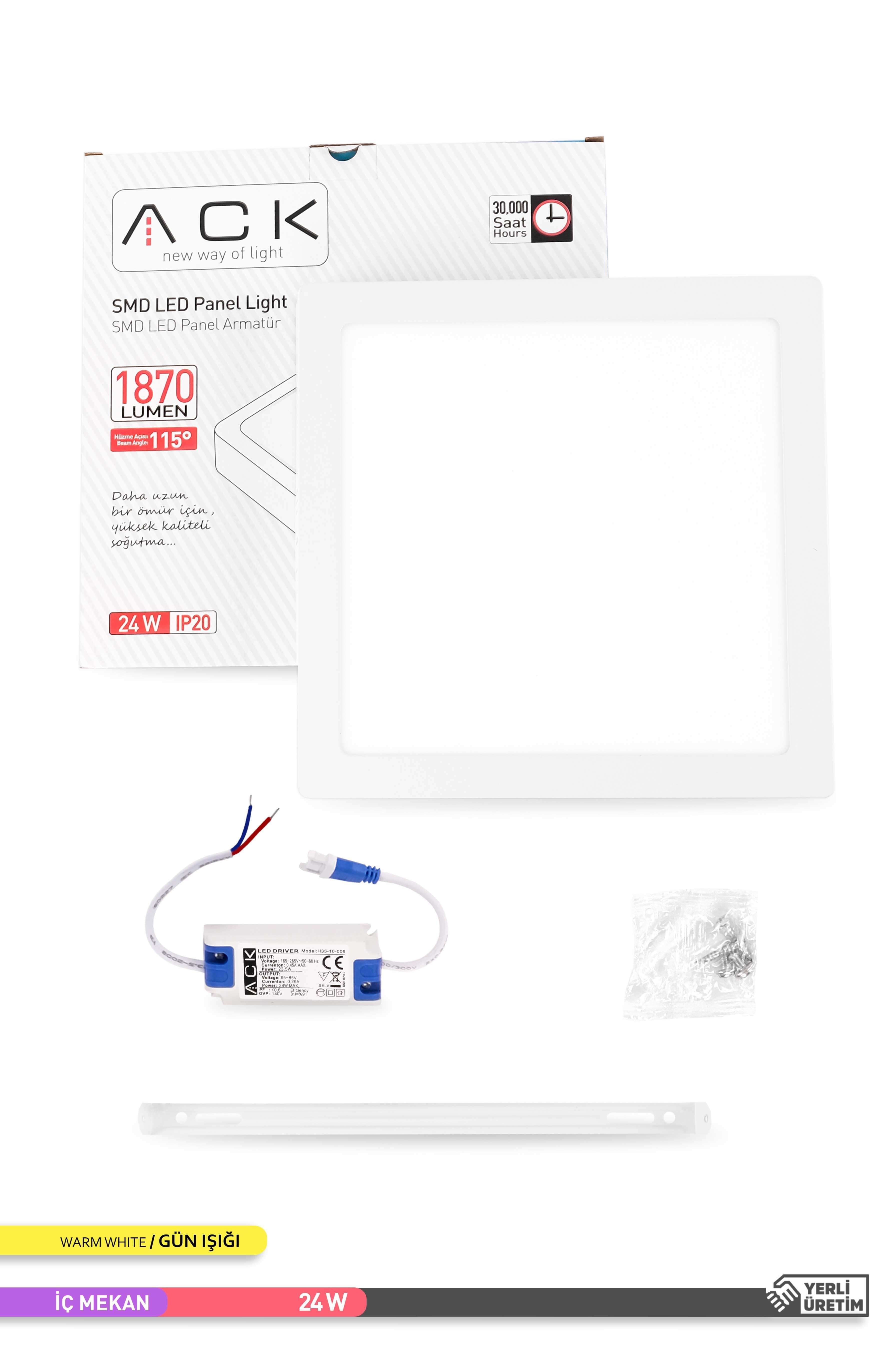 ACK Sıva Üstü Kare LED Panel Armatür Beyaz Gövde 3000K Gün Işığı 24W AP04-02400