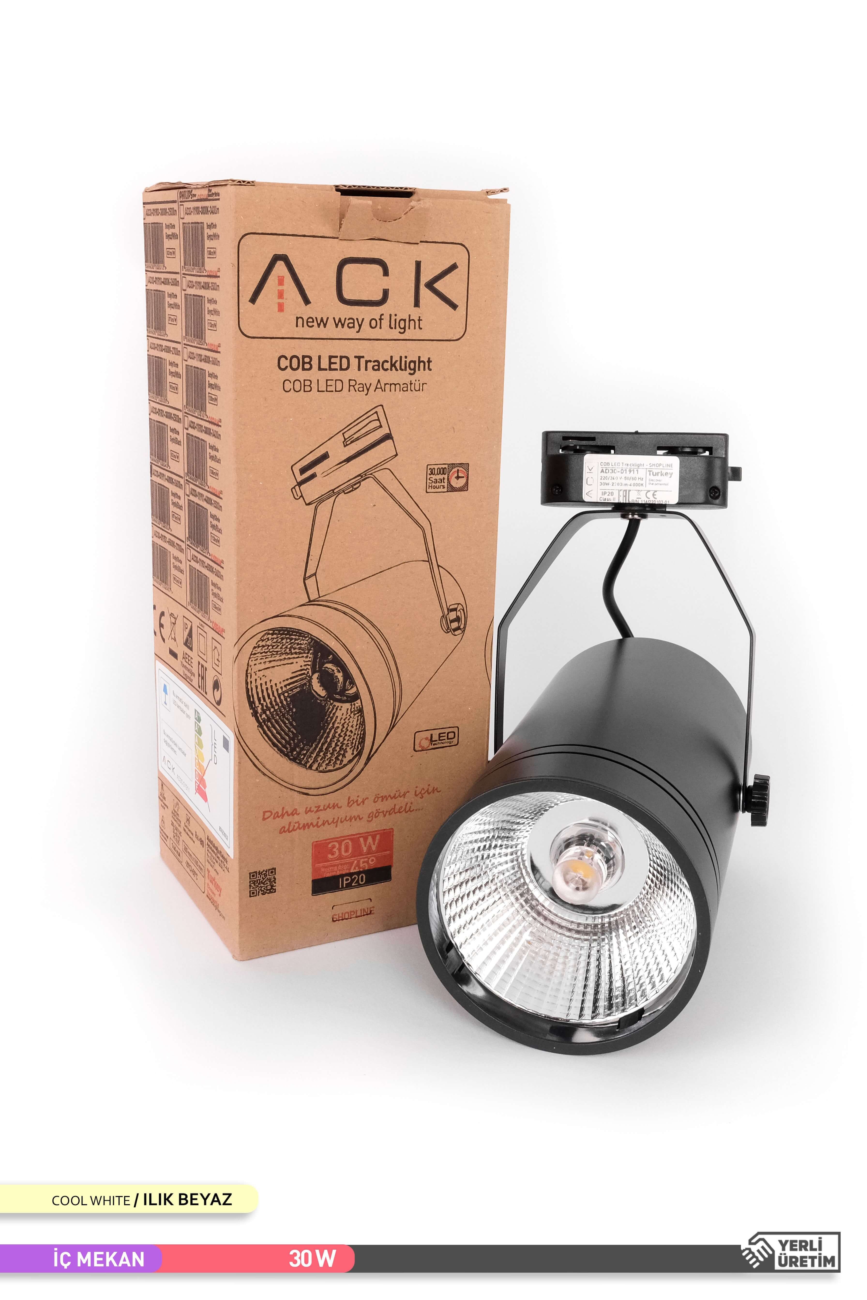 ACK COB LED Monofaze Ray Armatürü Siyah Gövde Çift Ayaklı 4000K Ilık Beyaz 30W