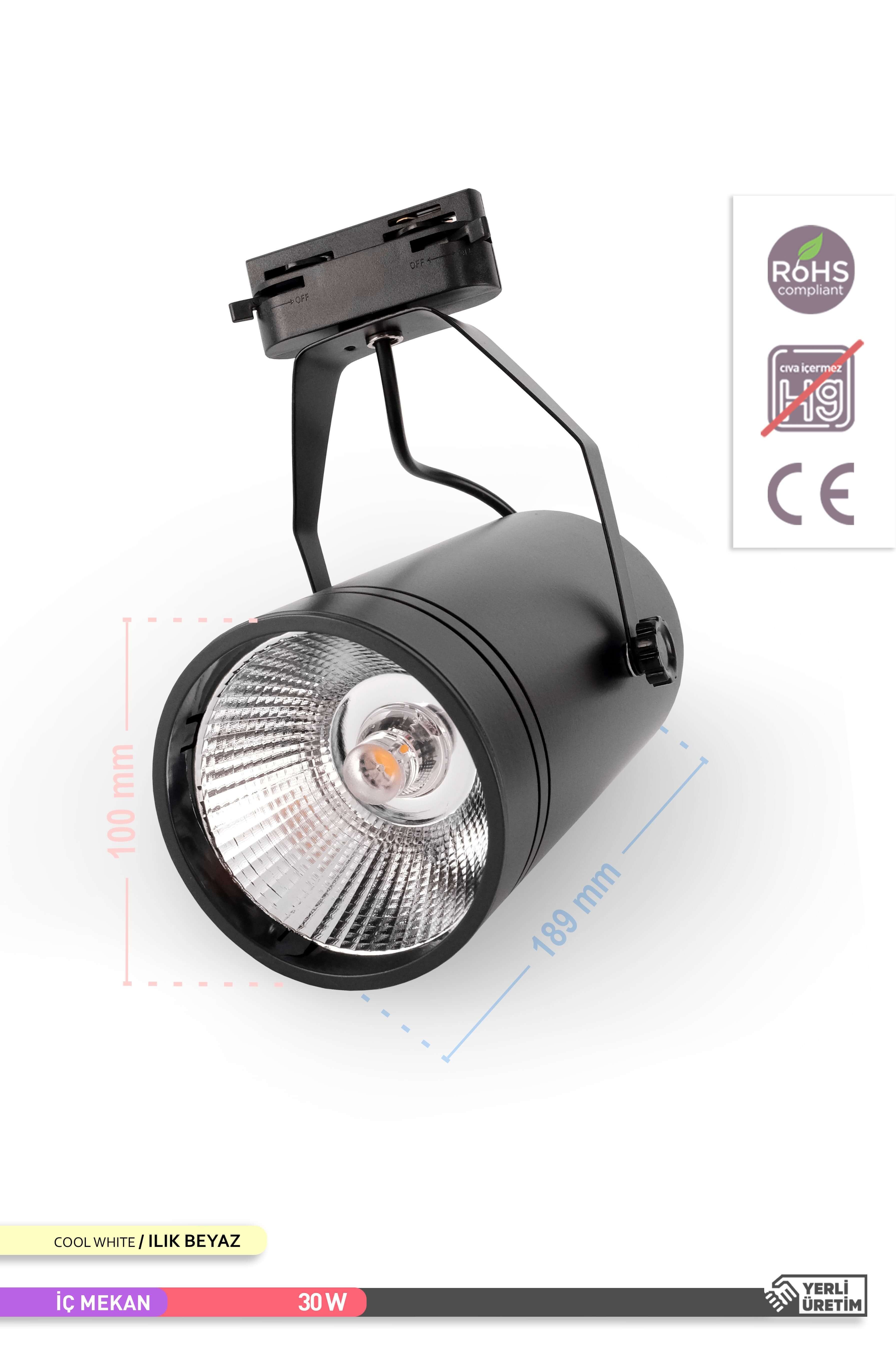 ACK COB LED Monofaze Ray Armatürü Siyah Gövde Çift Ayaklı 4000K Ilık Beyaz 30W