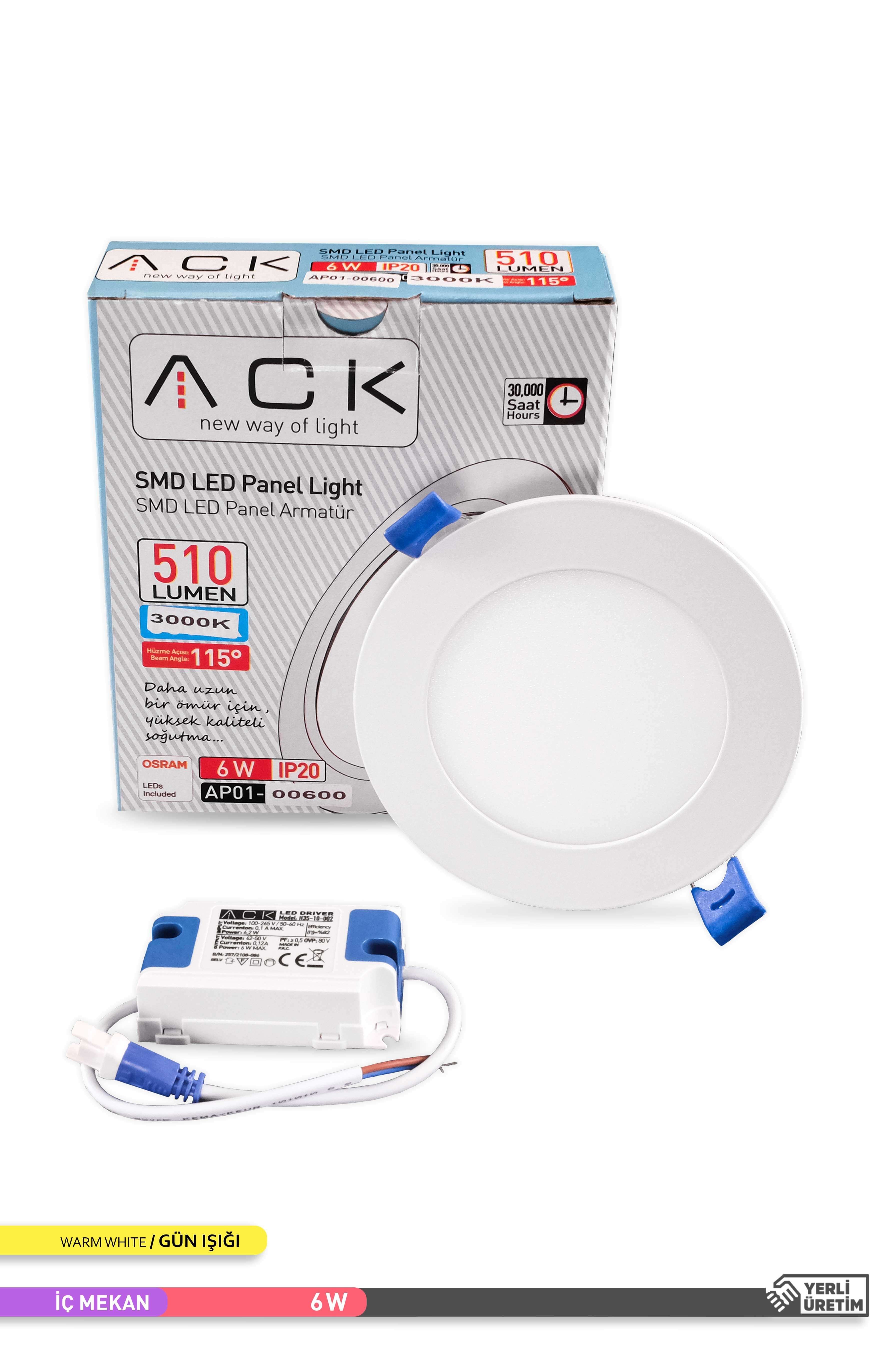 ACK Sıva Altı Yuvarlak LED Panel Armatür Beyaz Gövde 3000K Gün Işığı 6W AP01-00600