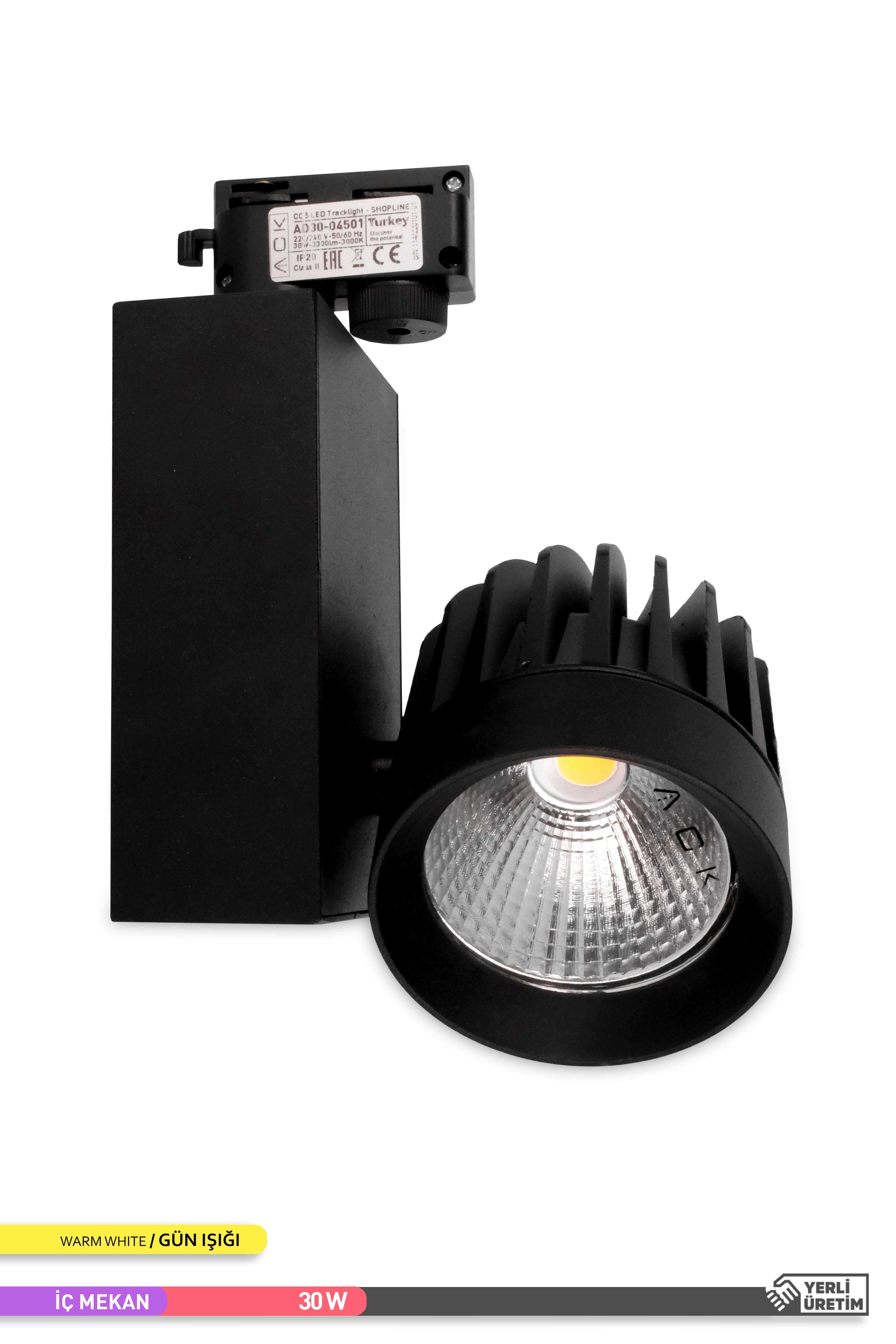 ACK COB LED Monofaze Ray Armatürü Siyah Kasa 3000K Gün Işığı 30W