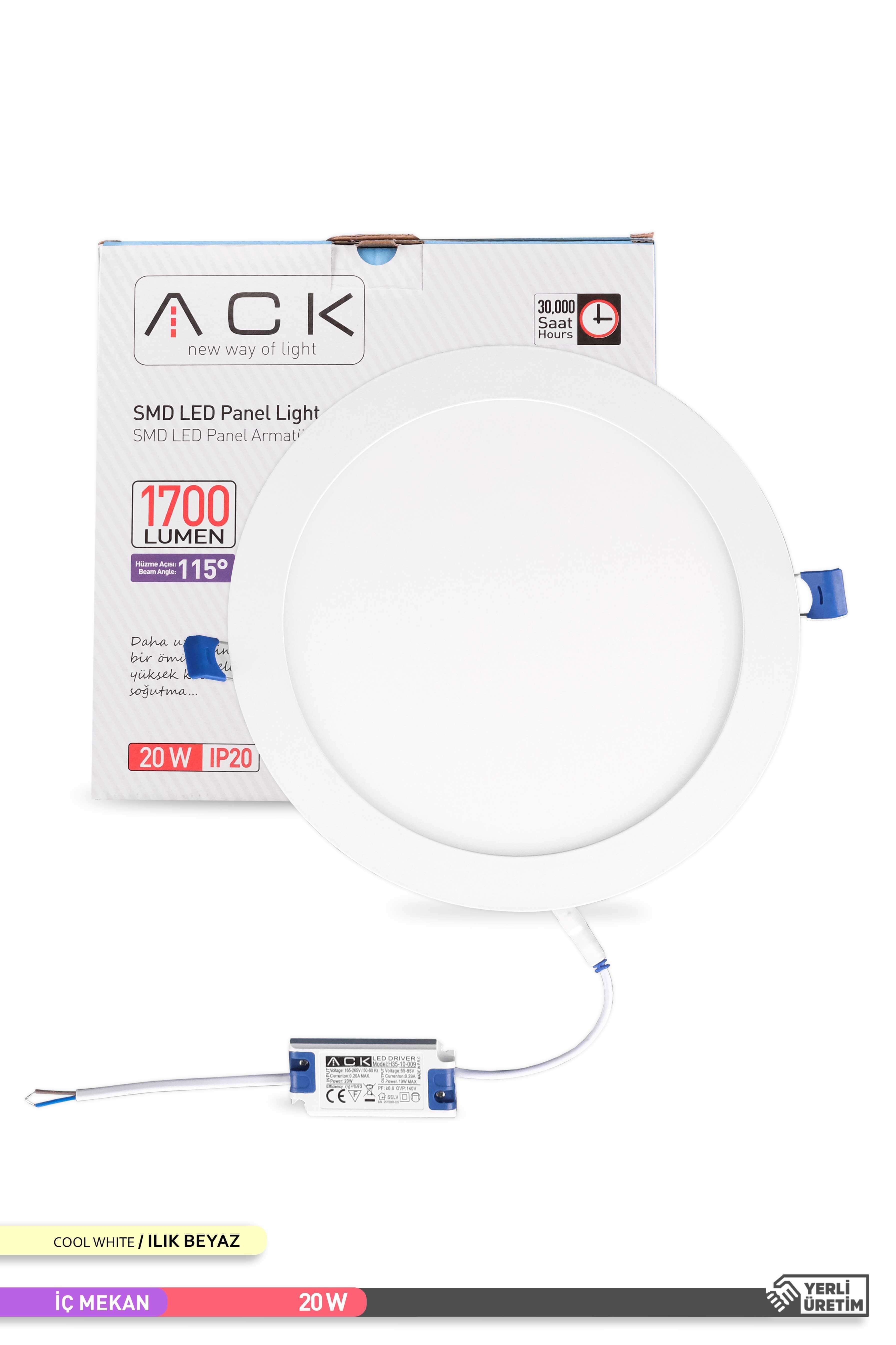 ACK Sıva Altı Yuvarlak LED Panel Armatür Beyaz Gövde 4000K Ilık Beyaz 20W AP01-02010