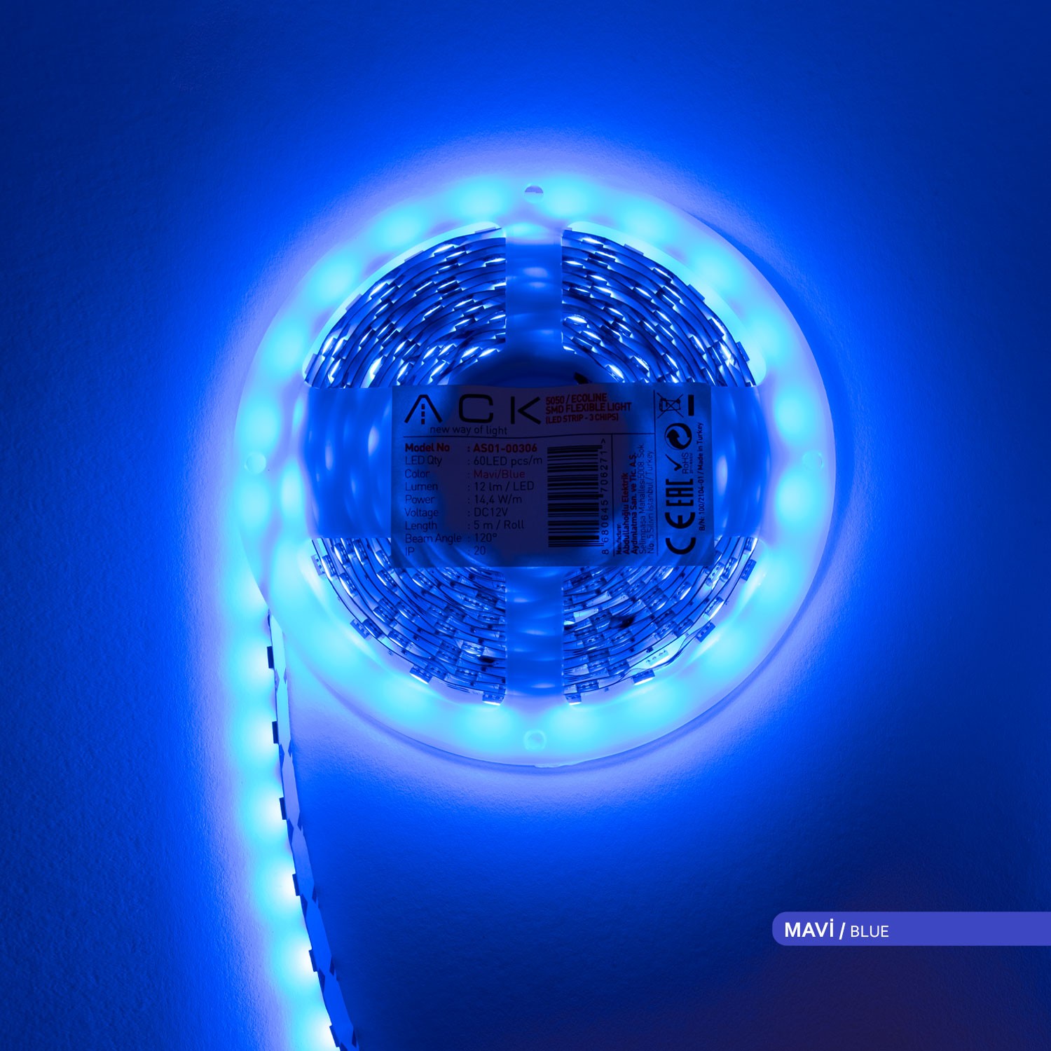 ACK Üç Çip 60 LED li Şerit LED Mavi Işık 12V 14.4W 5m