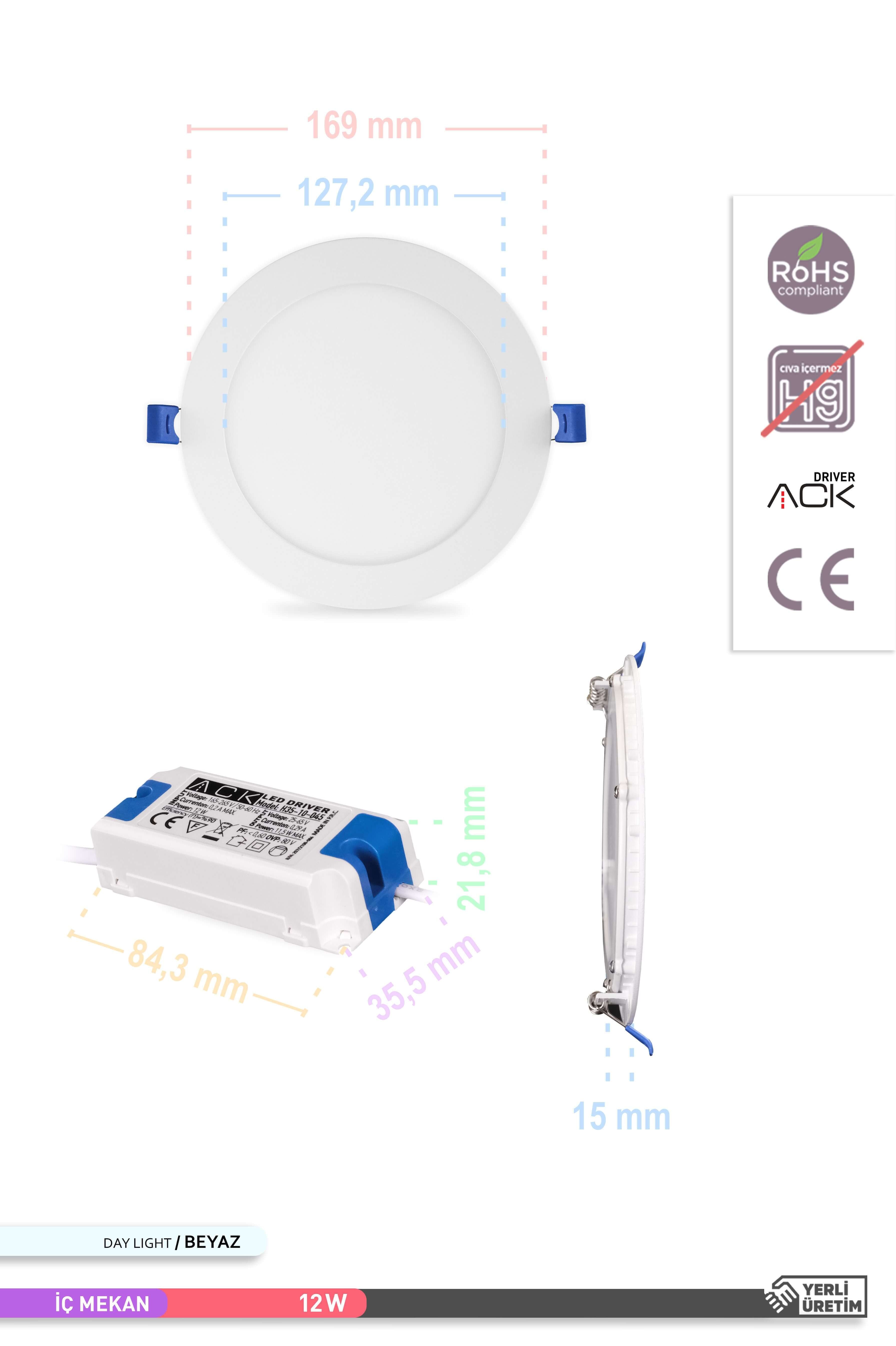 ACK Sıva Altı Yuvarlak LED Panel Armatür Beyaz Gövde 6500K Beyaz Işık 12W AP01-01230