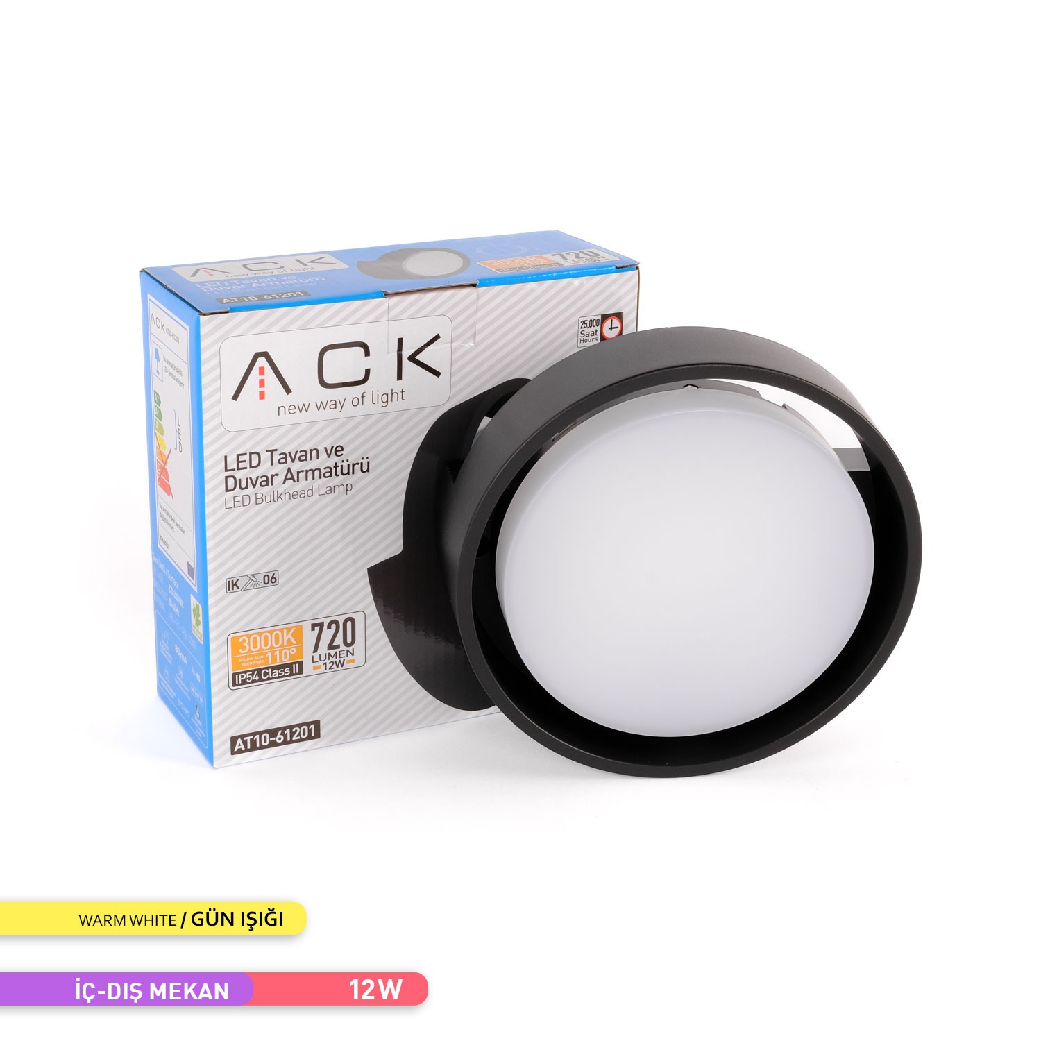 ACK 12W LED Tavan ve Duvar Armatürü 3000K Günışığı Dekoratif Dış Mekan Bahçe Aydınlatması AT10-61201