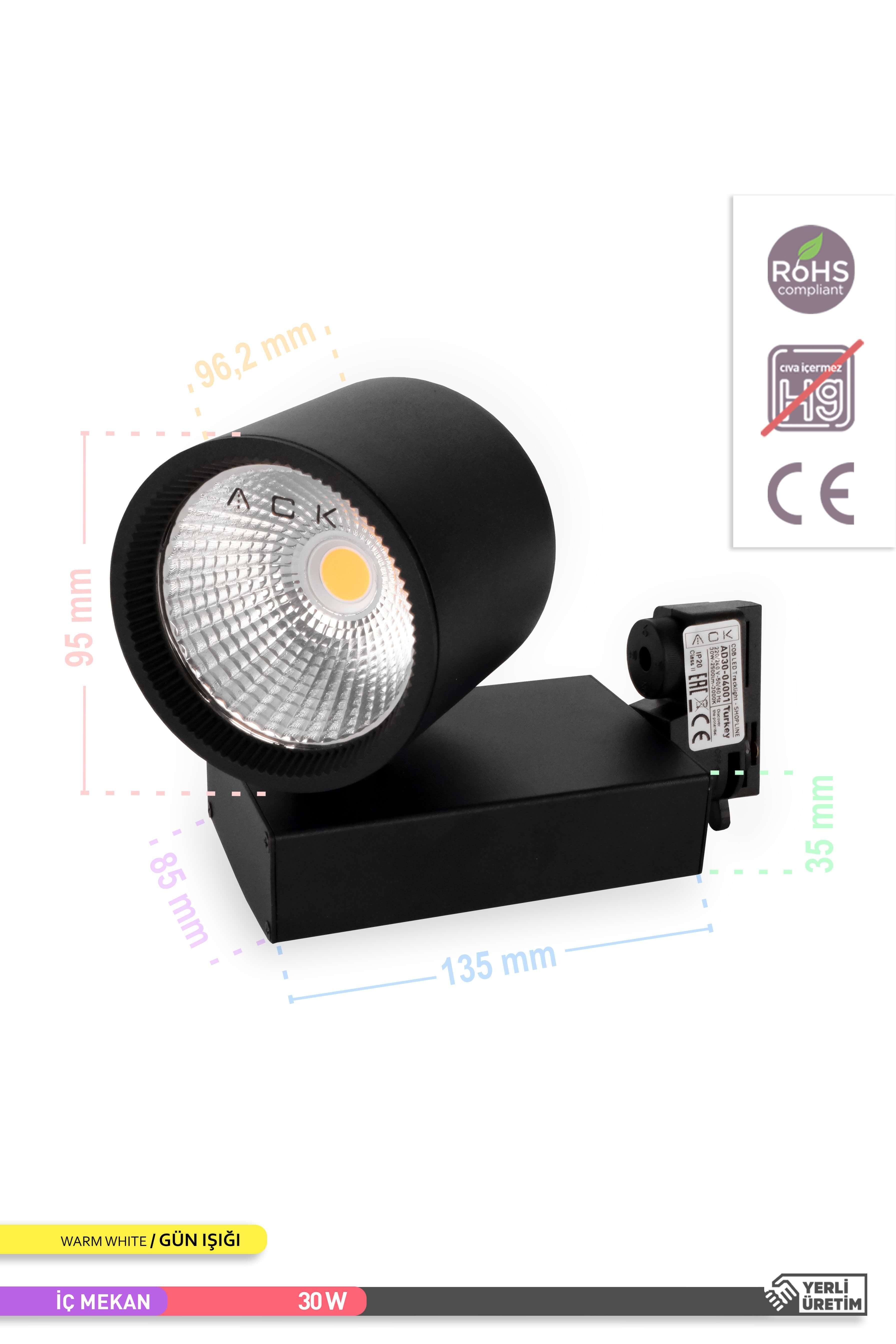 ACK COB LED Monofaze Ray Armatürü Siyah Gövde 3000K Gün Işığı 30W