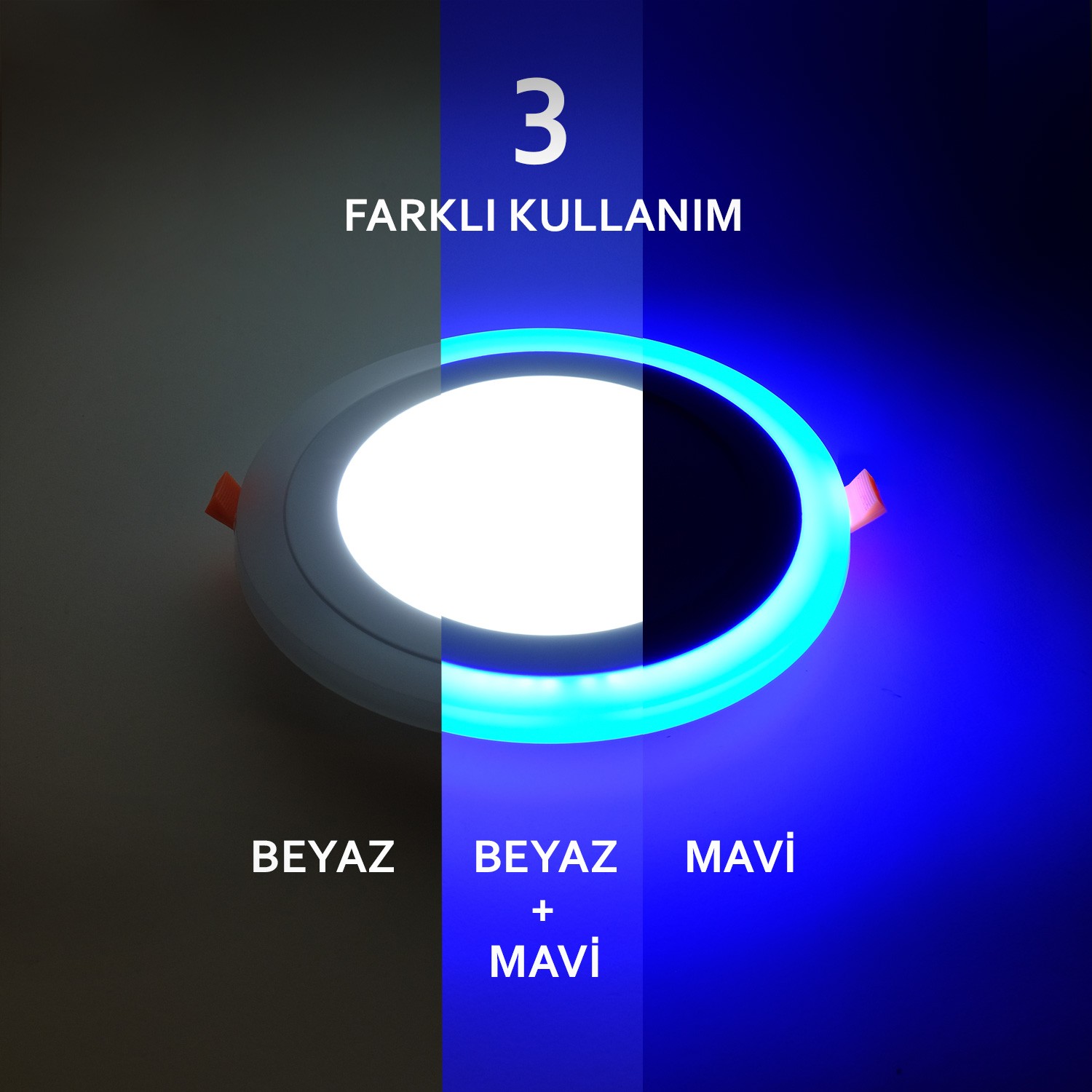 12+2W 6500K Beyaz ışık ve Mavi Renk Sıva Altı Yuvarlak Led Spot Panel Beyaz Kasa AP30-31230