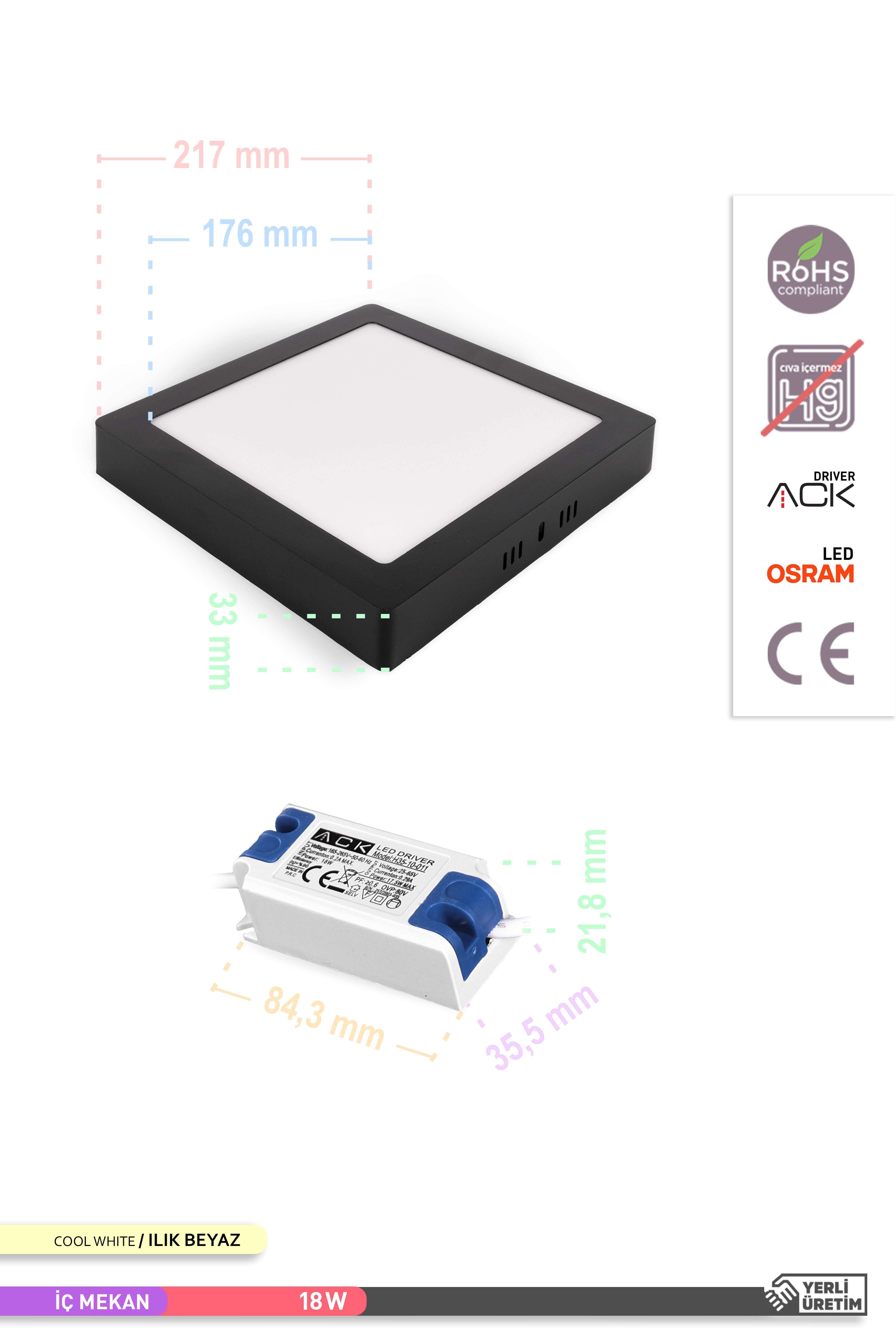 ACK 18W Sıva Üstü Kare LED Panel Armatür Siyah Gövde 4000K Ilık Beyaz AP04-01811