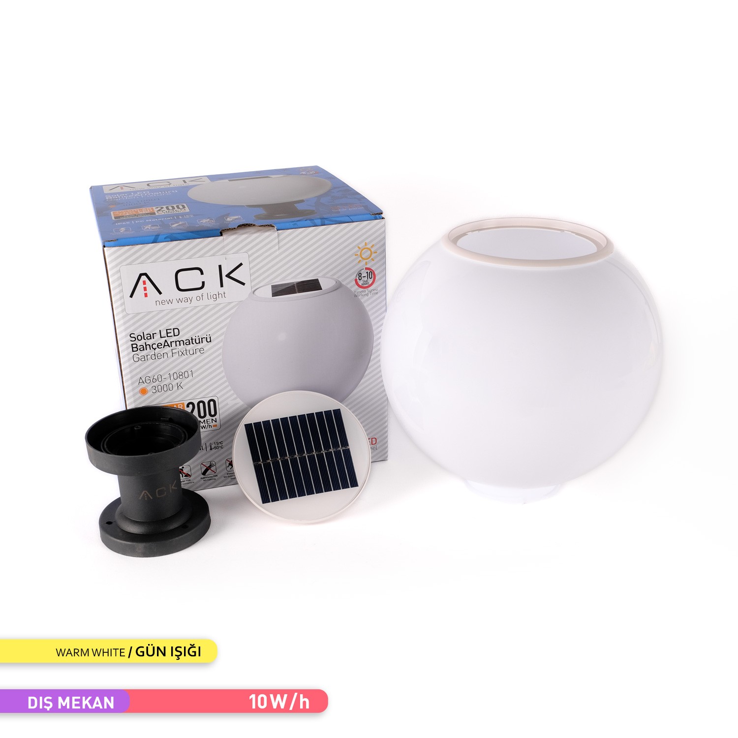 ACK Solar LED Bahçe Armatürü 3000K Gün Işığı Güneş Enerjili Set Üstü Aydınlatma 10W/h AG60-10801