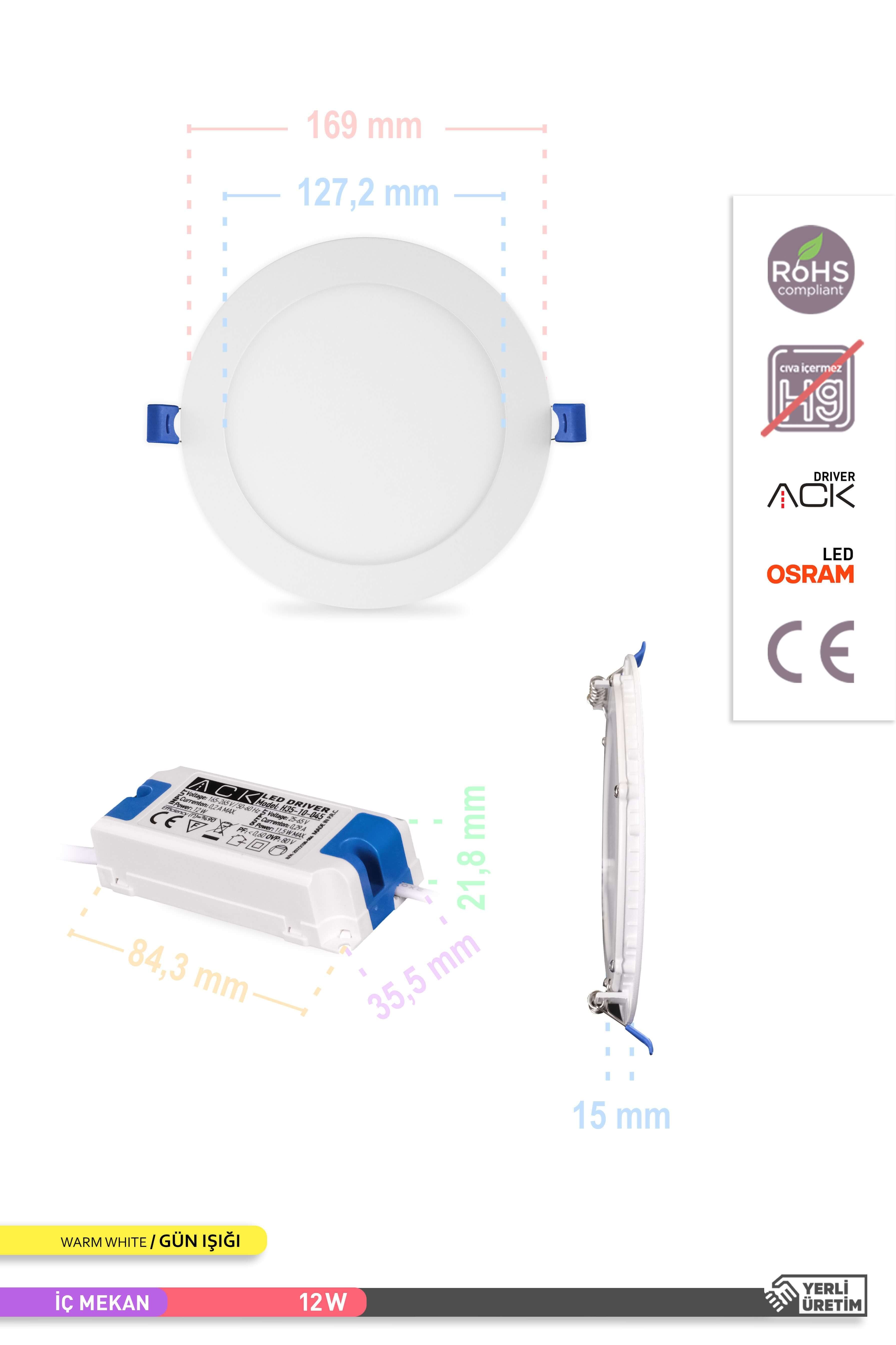 ACK Sıva Altı Yuvarlak LED Panel Armatür Beyaz Gövde 3000K Gün Işığı 12W AP01-01200