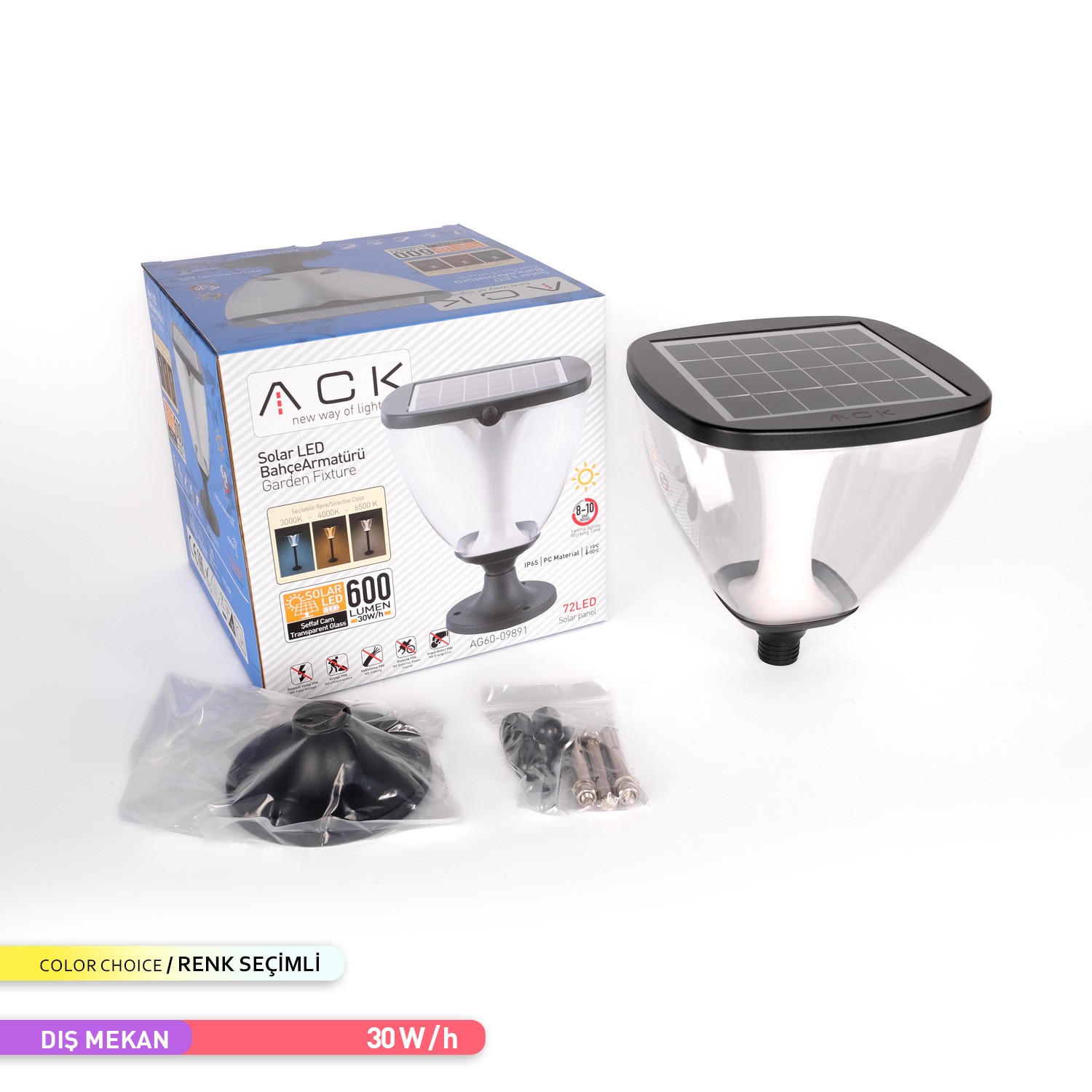 ACK Solar Led Bahçe Armatürü Ayarlanabilir Renk Güneş Enerjili Bahçe Aydınlatması AG60-09891