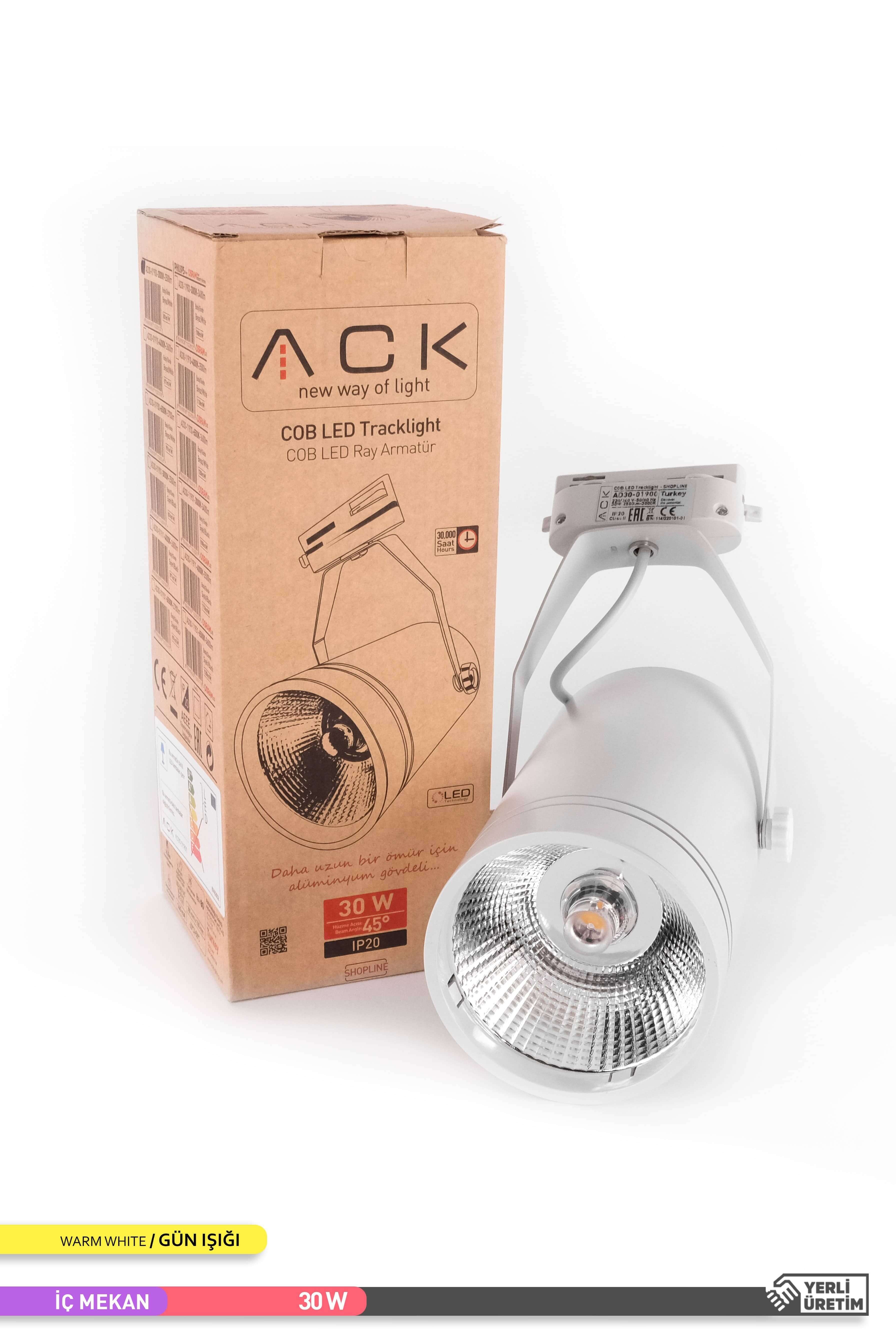 ACK COB LED Monofaze Ray Armatürü Beyaz Gövde Çift Ayaklı 3000K Gün Işığı 30W