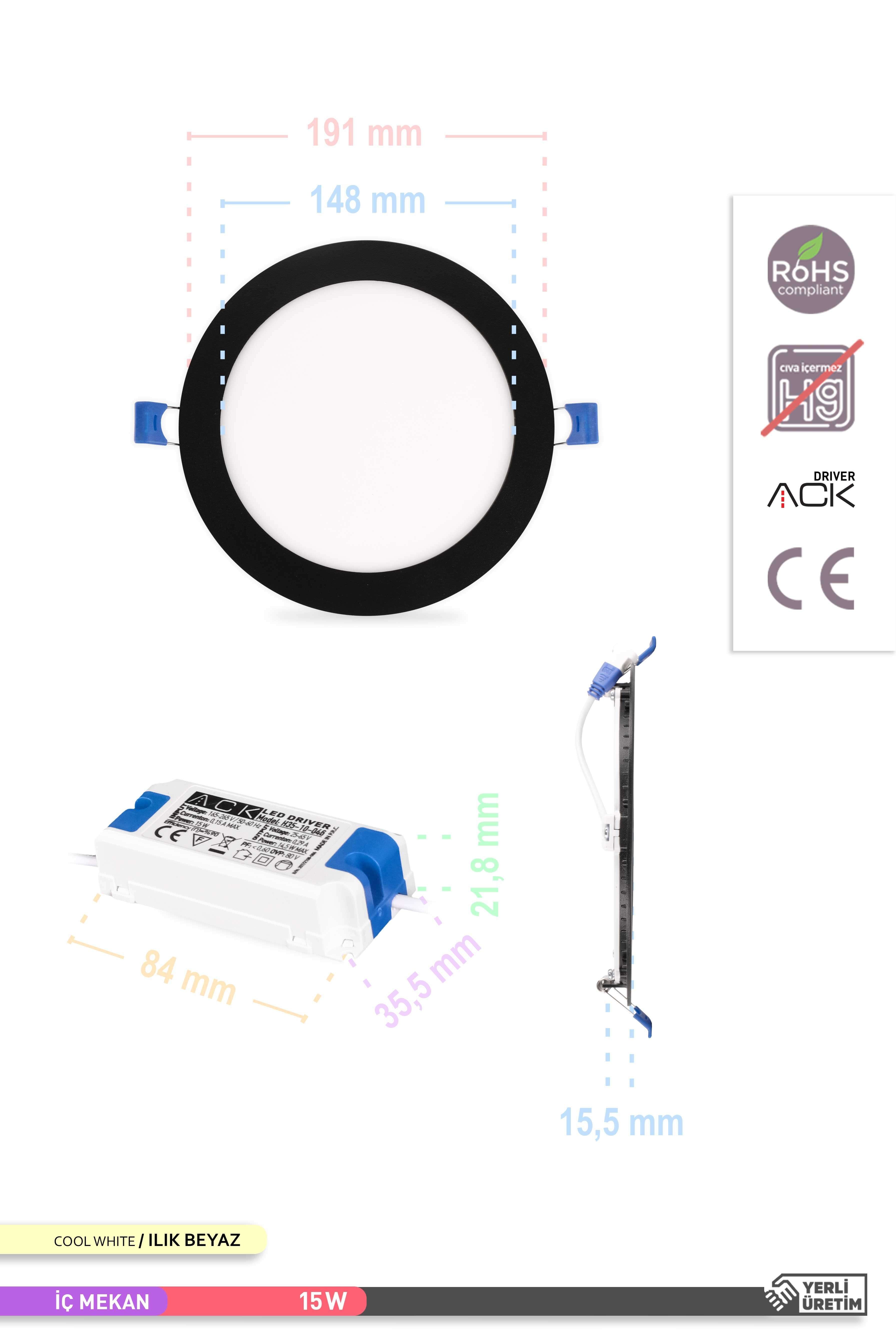 ACK 15W Sıva Altı Yuvarlak LED Panel Armatür Siyah Gövde 4000K Ilık Beyaz AP01-01511