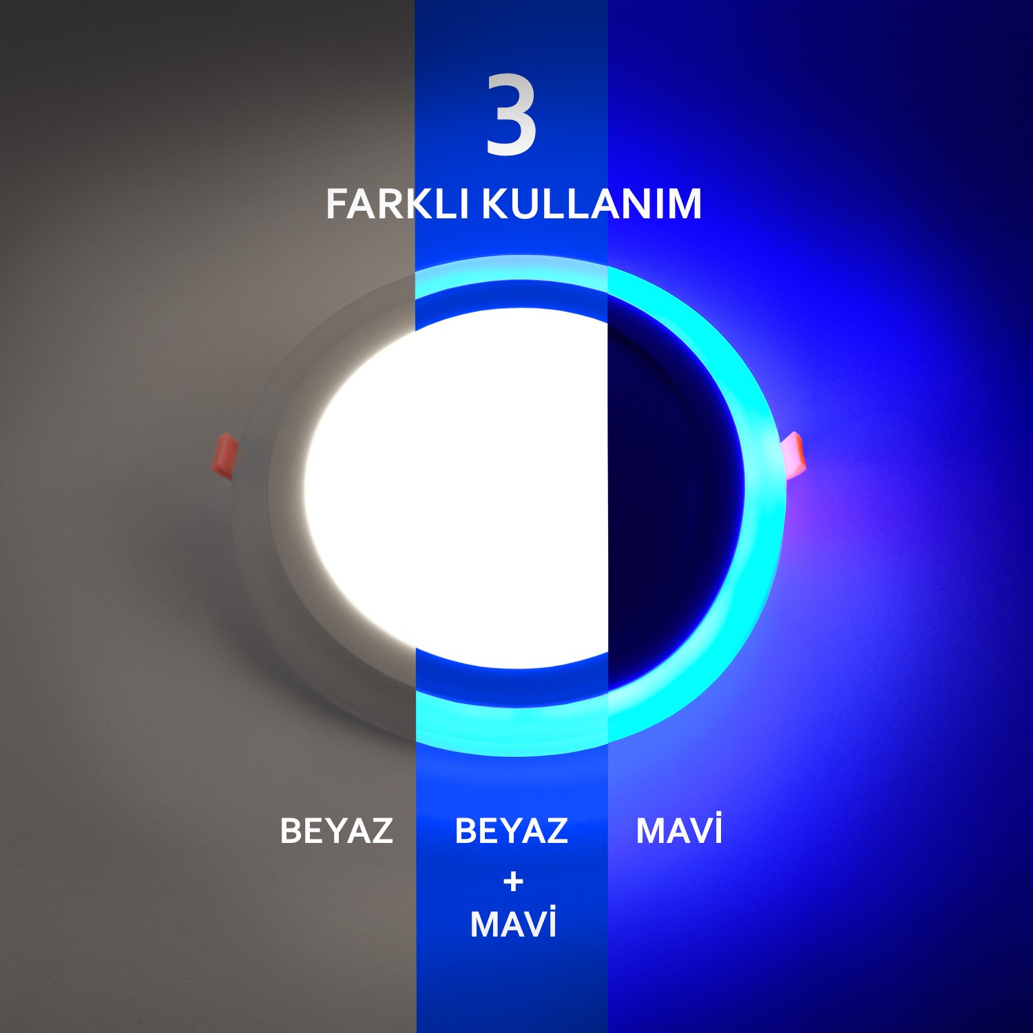 18+2W 6500K Beyaz ve Mavi Renk Sıva Altı Yuvarlak Led Spot Panel Beyaz Kasa AP30-31830