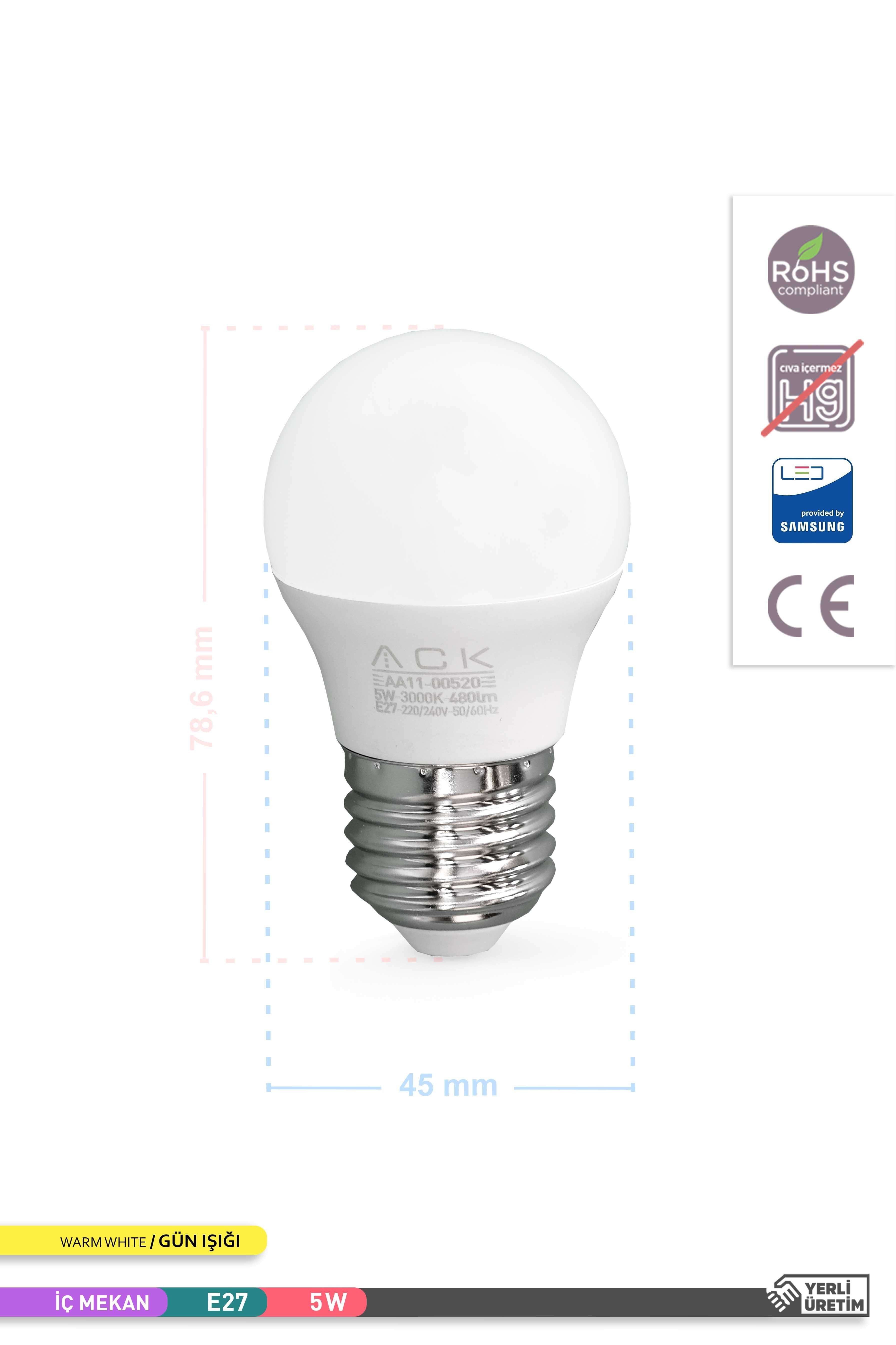 ACK LED Top Ampul 3000K Gün Işığı 220V 5W E27