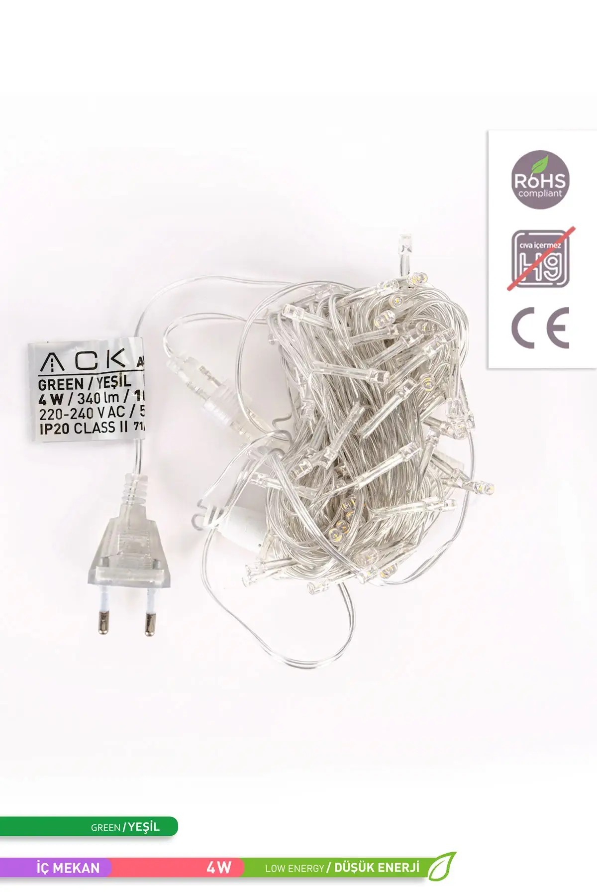 ACK 100 LED li Eklenebilir LED Süsleme Işığı, Yılbaşı Ağacı Süsleme Yeşil Işık 220V 4W 10m AS90-00405