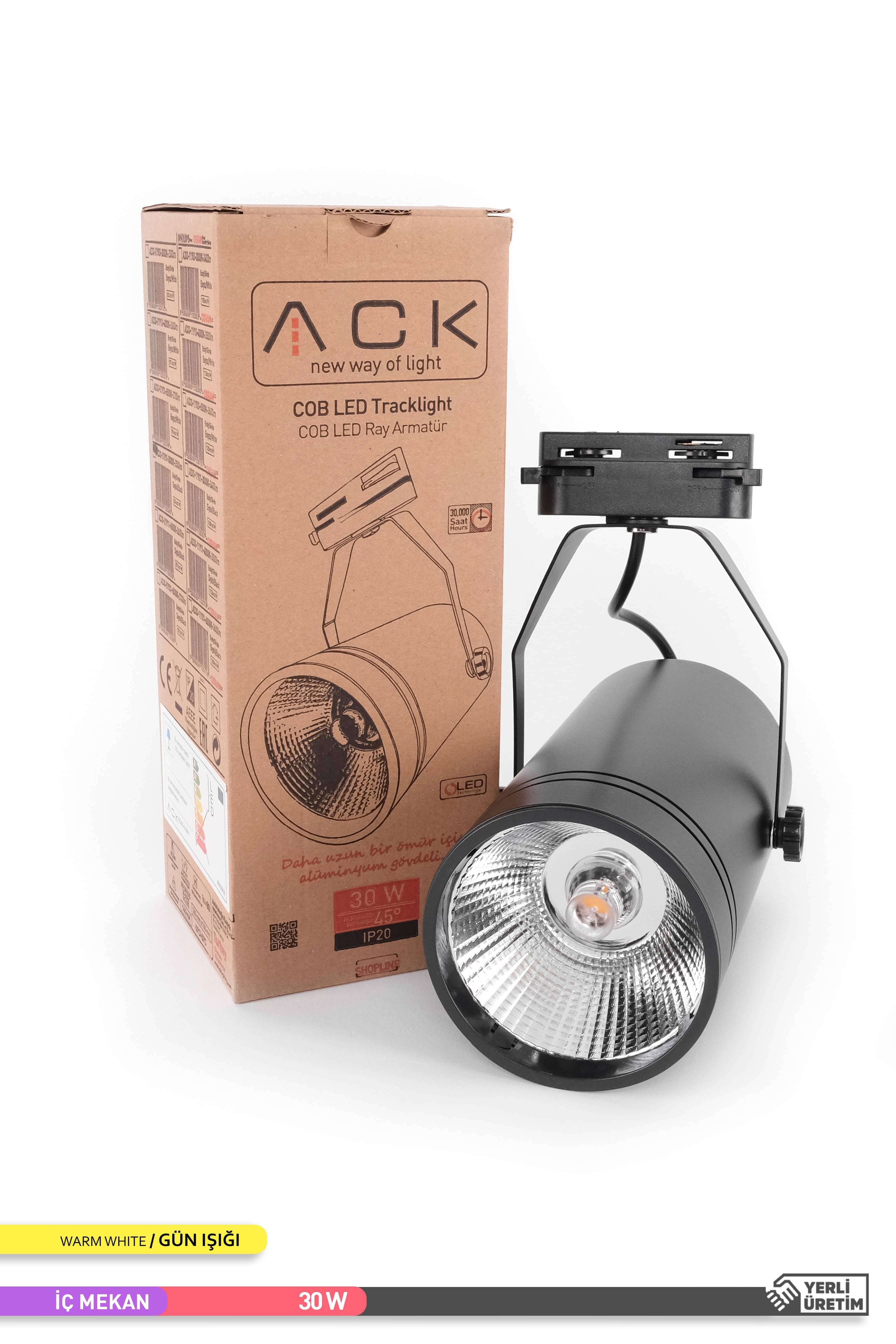 ACK COB LED Monofaze Ray Armatürü Siyah Gövde Çift Ayaklı 3000K Gün Işığı 30W