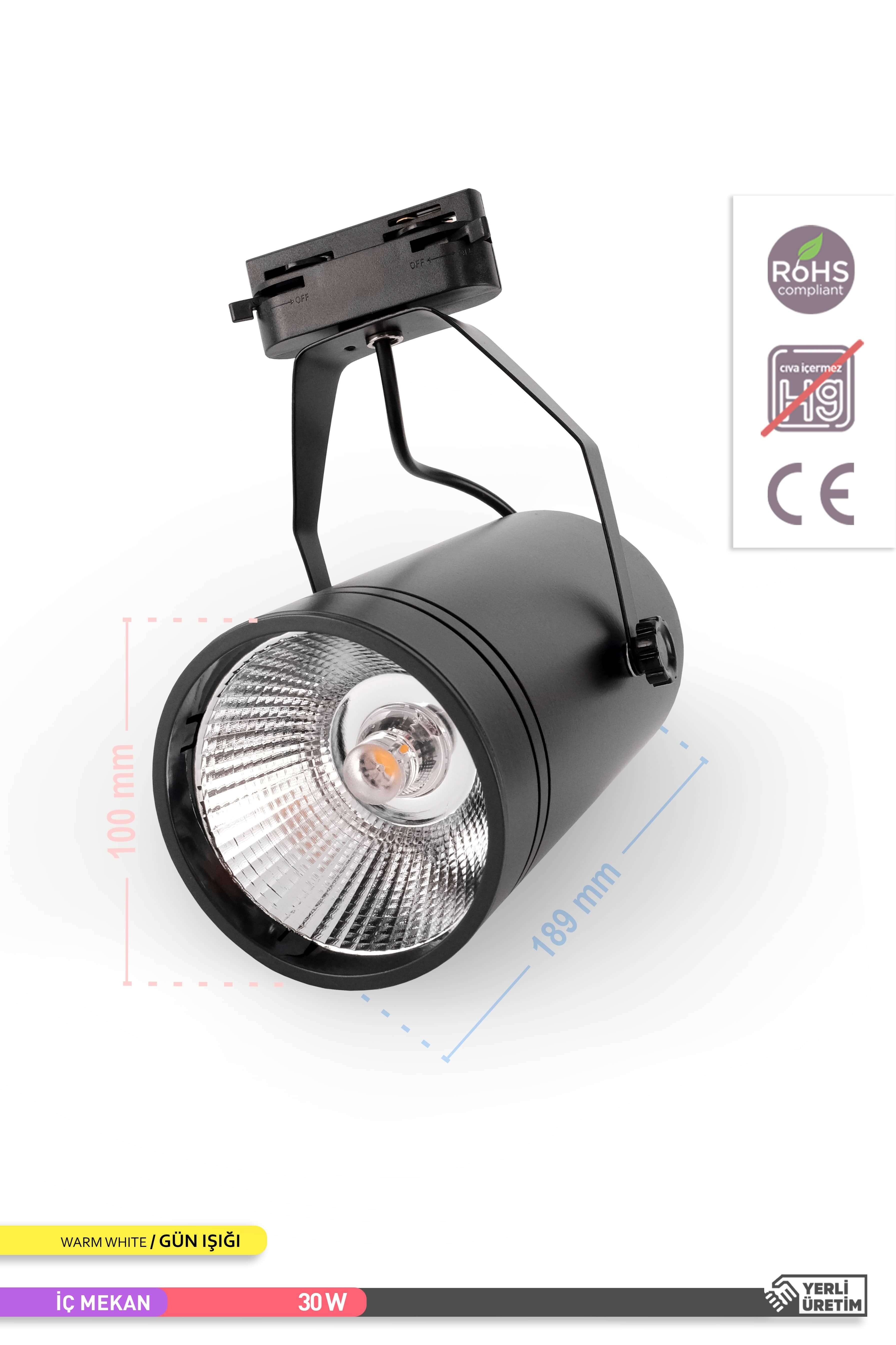 ACK COB LED Monofaze Ray Armatürü Siyah Gövde Çift Ayaklı 3000K Gün Işığı 30W