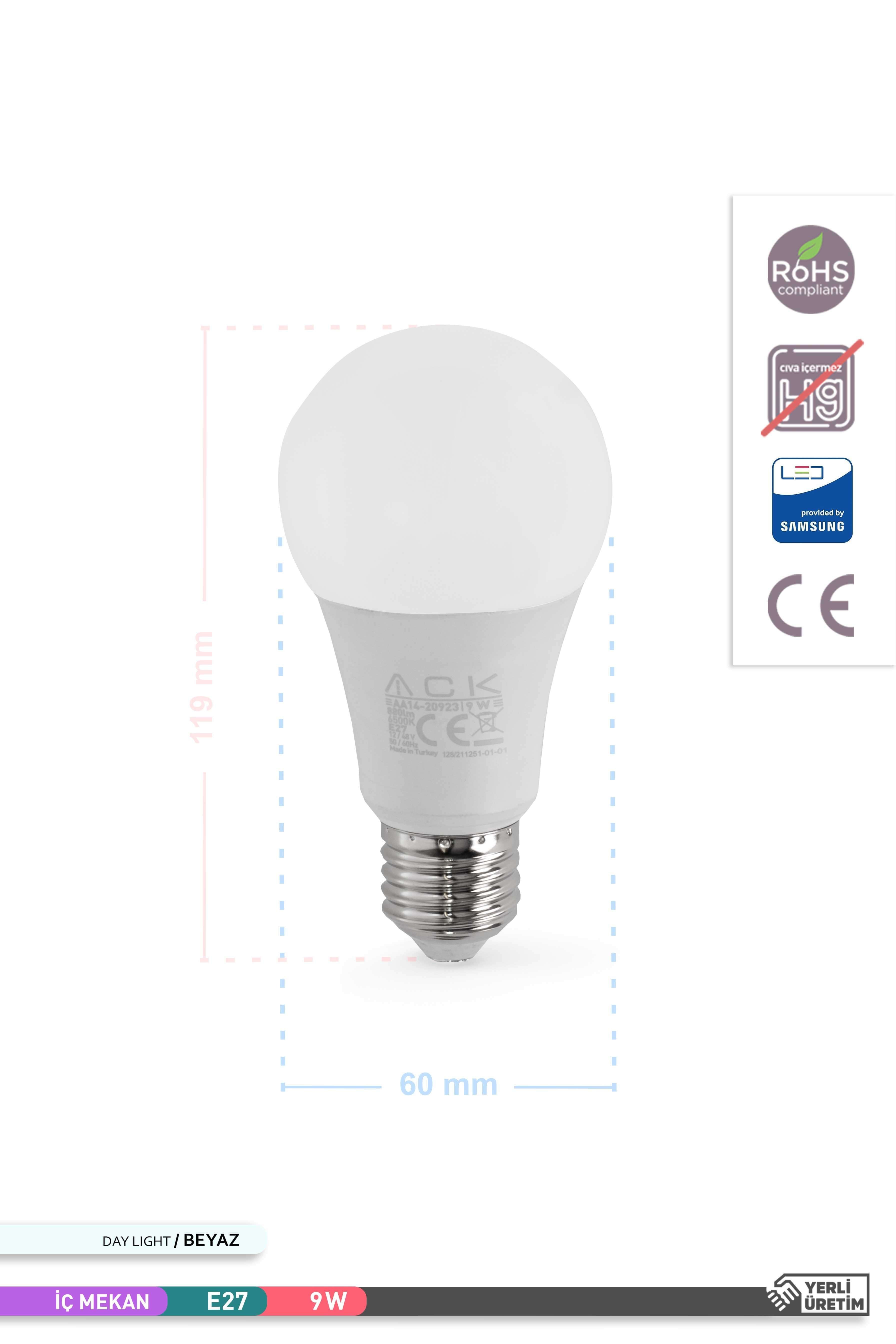ACK SMD LED Ampul 6500K Beyaz Işık 12-48V 9W E27