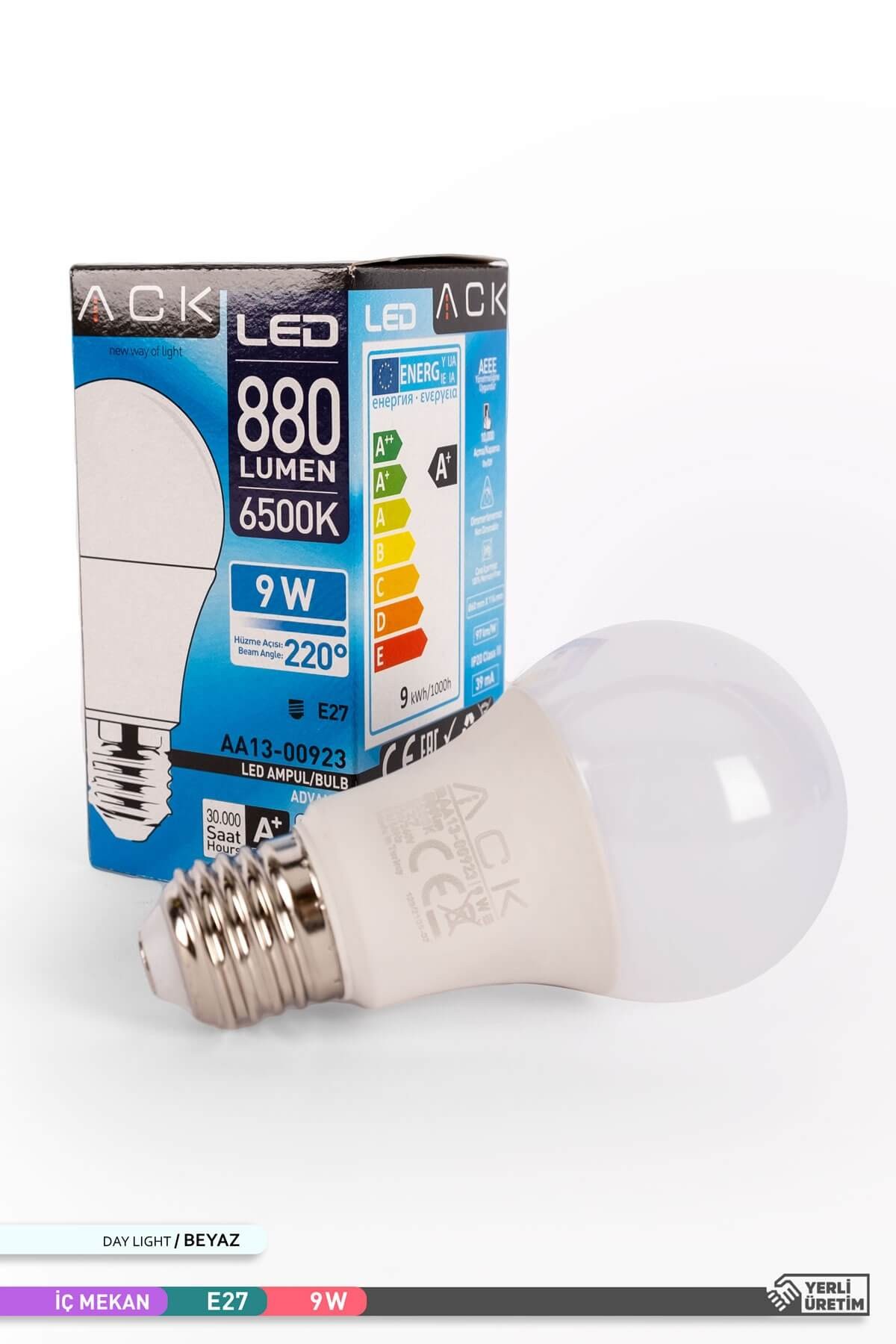 ACK LED A60 Ampul 6500K Beyaz Işık 220V 9W E27