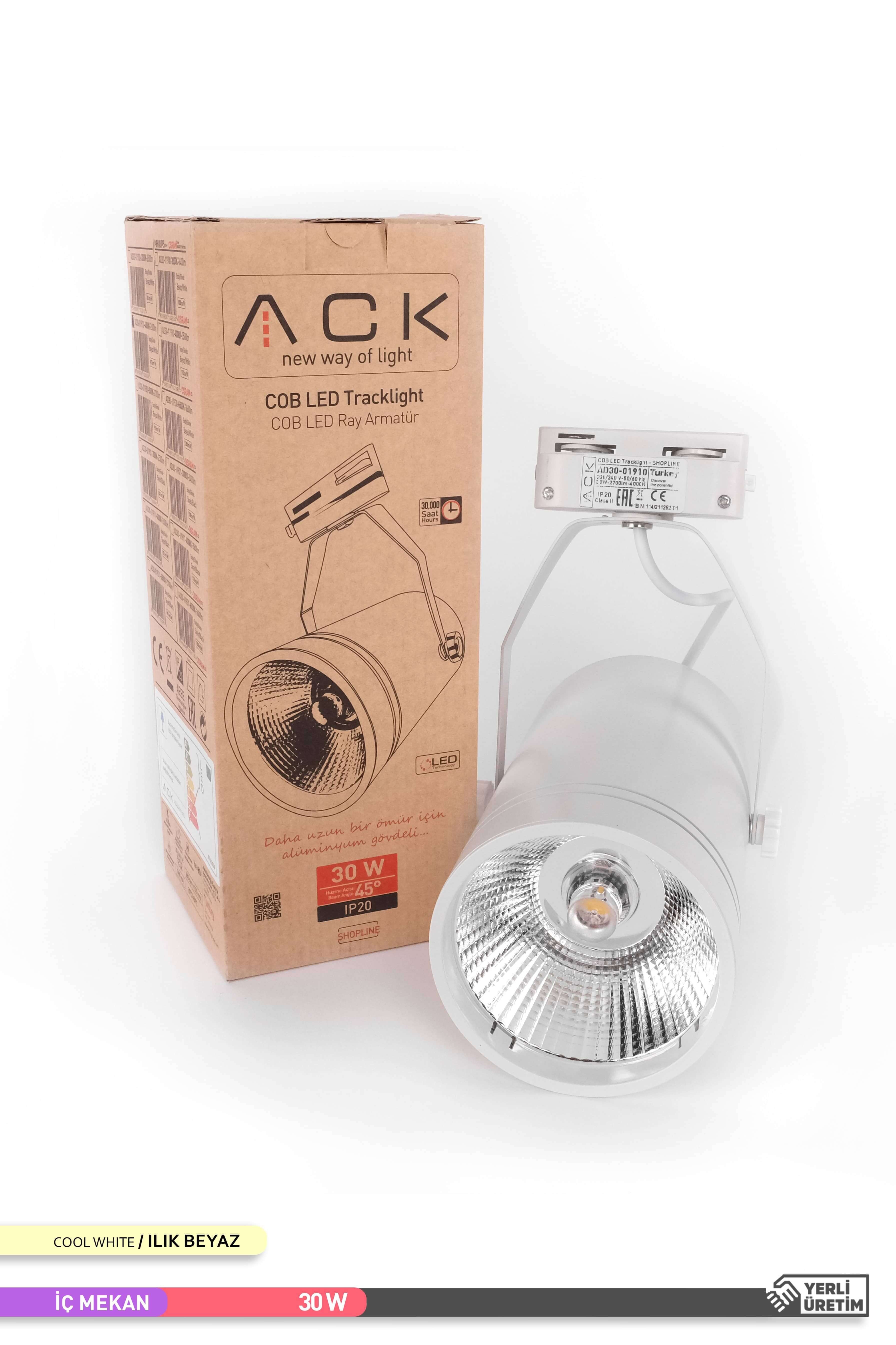 ACK COB LED Monofaze Ray Armatürü Beyaz Gövde Çift Ayaklı 4000K Ilık Beyaz 30W