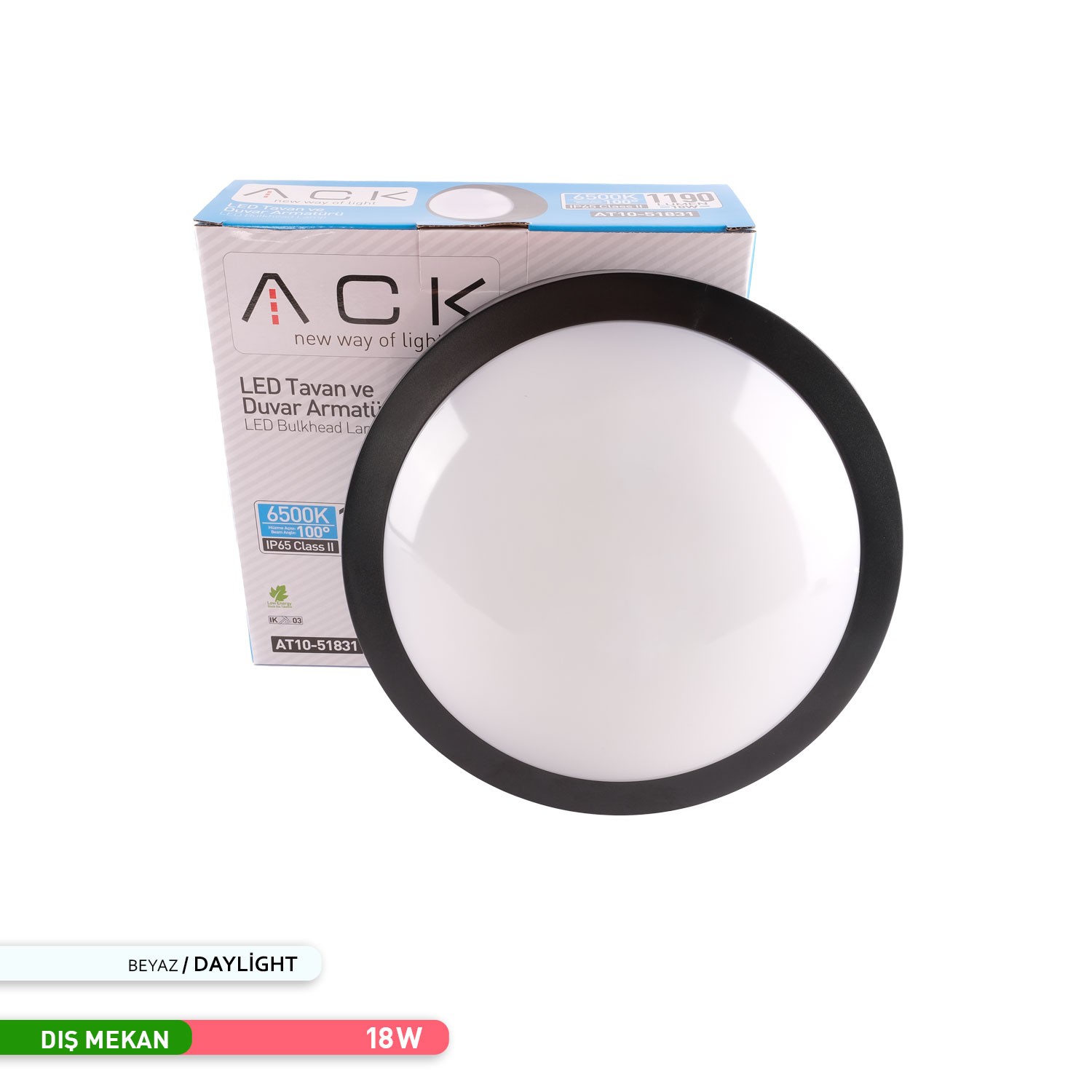 ACK 18W LED Tavan ve Duvar Armatürü 6500K Beyaz Işık Siyah Kasa AT10-51831