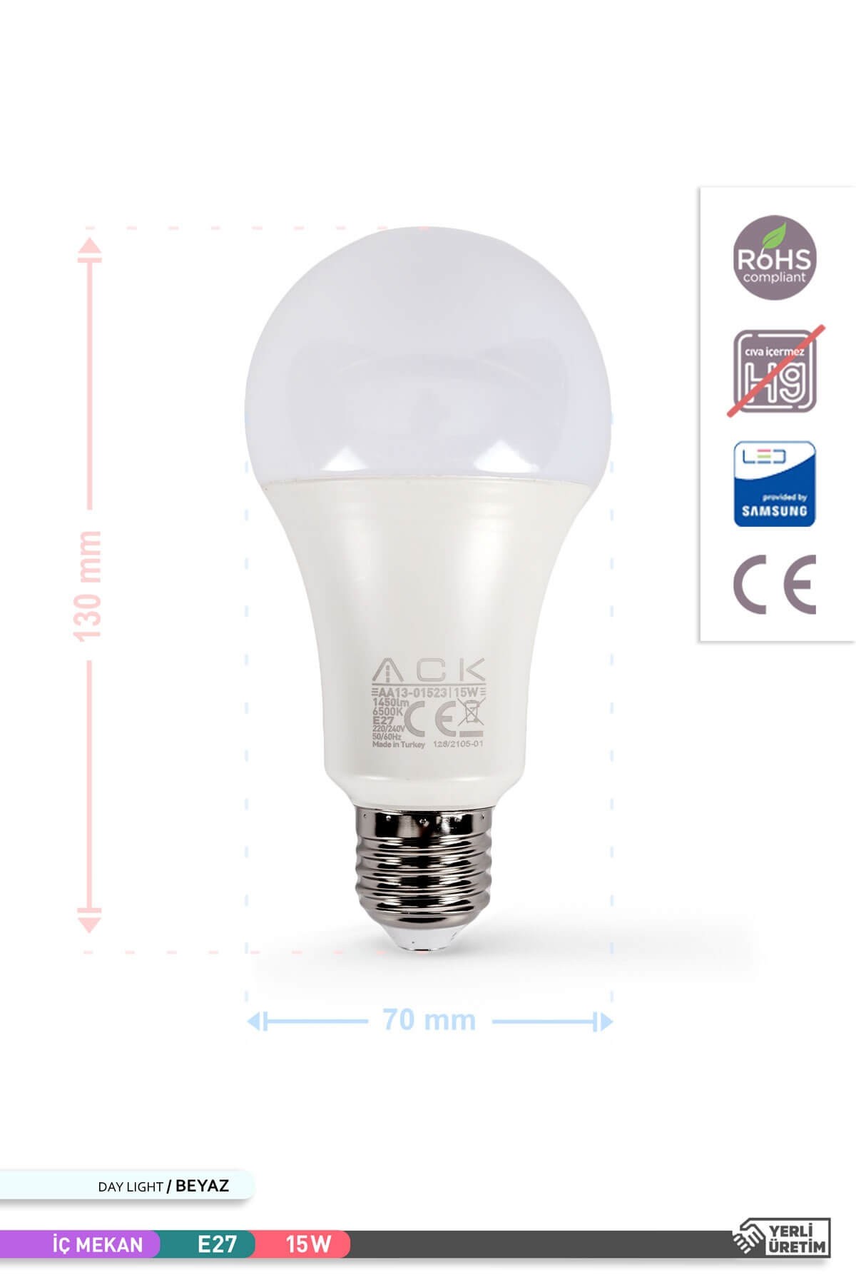 ACK LED A70 Ampul 6500K Beyaz Işık 220V 15W E27